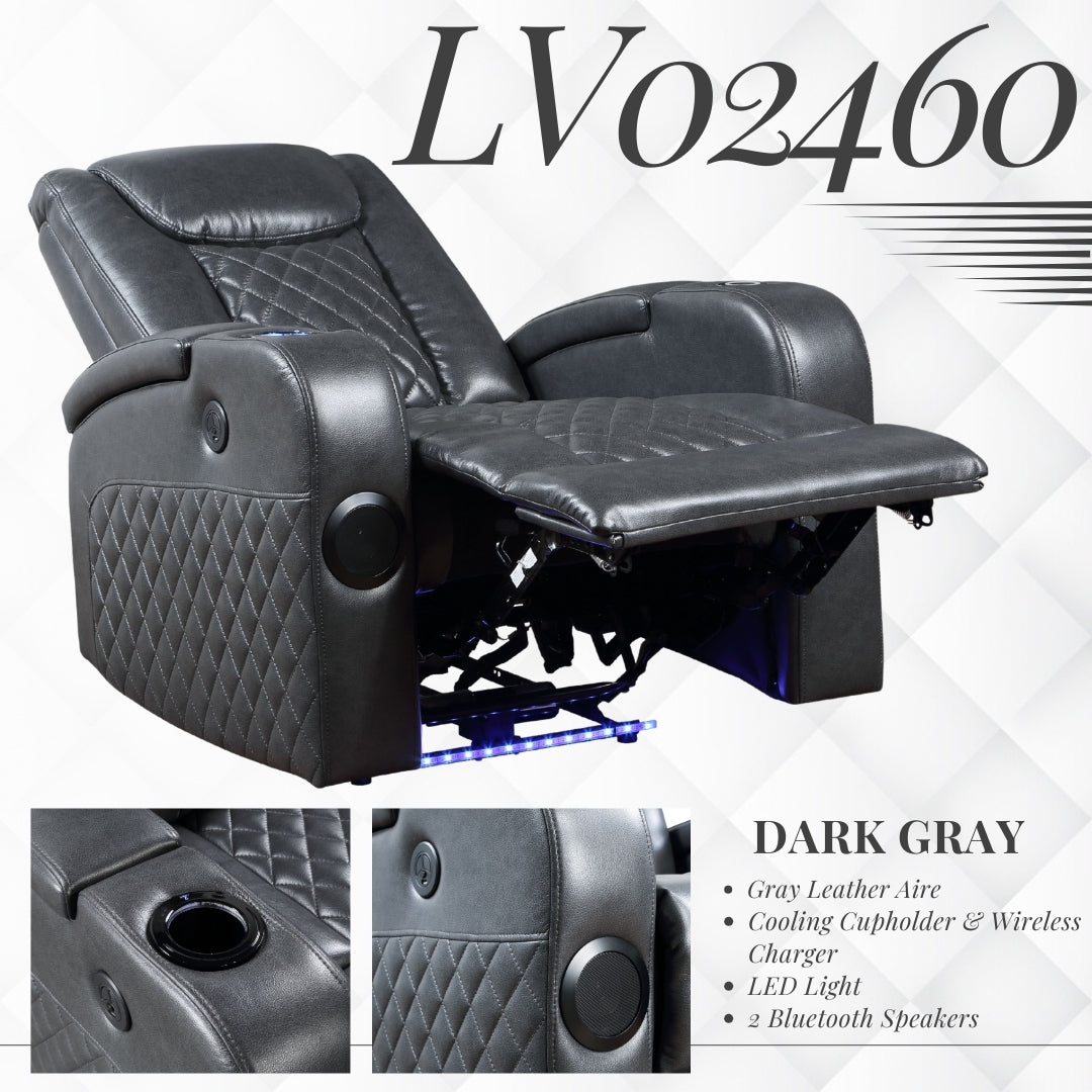 Alair Power Motion Recliner W Bluetooth Speaker & Cooling Cup Holder, Dark Gray Leather Aire Lv02460 Dark Gray Pu Leather