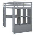 Full Size Loft Bed With Large Shelves, Writing Desk And Led Light, Gray Gray Solid Wood Mdf