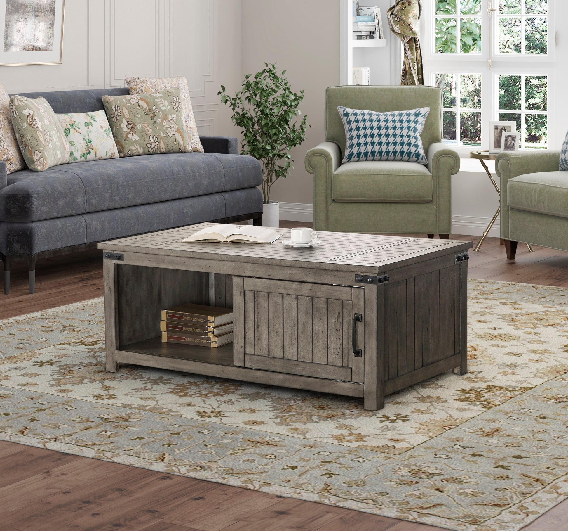 Storehouse 48 Inch Coffee Table, No Assembly Required, Smoked Grey Finish Greige Gray Primary Living Space Farmhouse,Industrial,Rustic Freestanding Rectangular Open Storage Coffee & End Tables Rectangular Wood