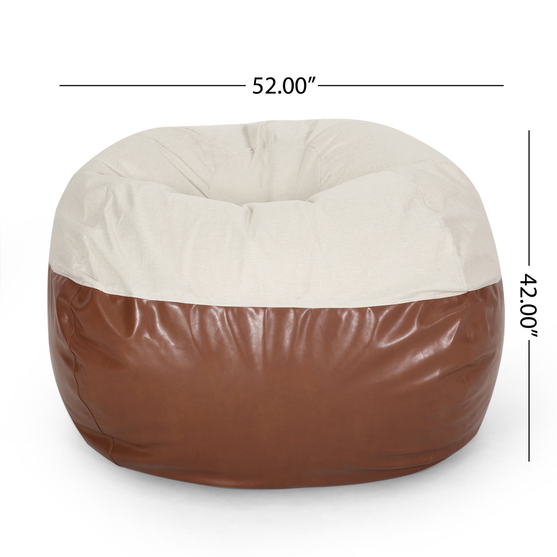 Maxi 5 Foot Two Color Fabric And Faux Leather Rounded Bean Bag, Beige And Coffee Brown Brown Beige Faux Leather