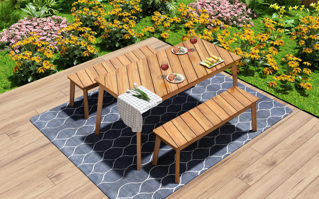 3 Pieces Acacia Wood Table Bench Dining Set For Outdoor & Indoor Furniture With 2 Benches, Picnic Beer Table For Patio, Porch, Garden, Poolside, Natural No Dining Set Acacia Wood Garden & Outdoor Art Deco,Artsy,Vintage Wood Acacia Wood