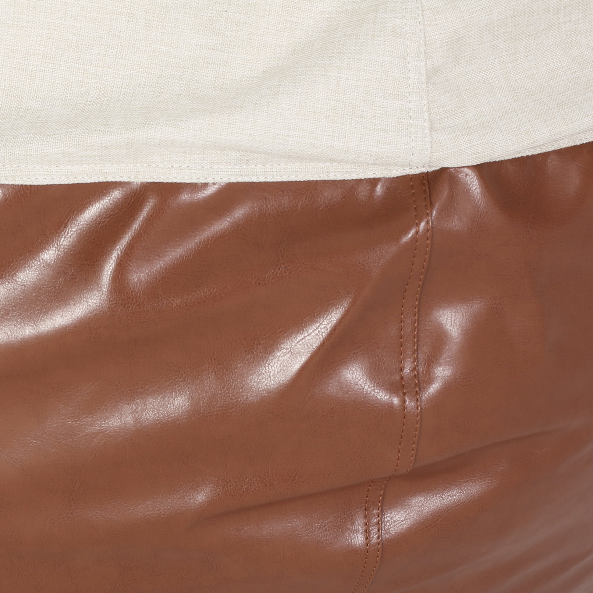 Maxi 5 Foot Two Color Fabric And Faux Leather Rounded Bean Bag, Beige And Coffee Brown Brown Beige Faux Leather