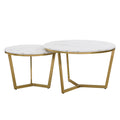 Modern Round Nesting Coffee Table Set 2 Piece White & Marbling Top Gold Base White Mdf