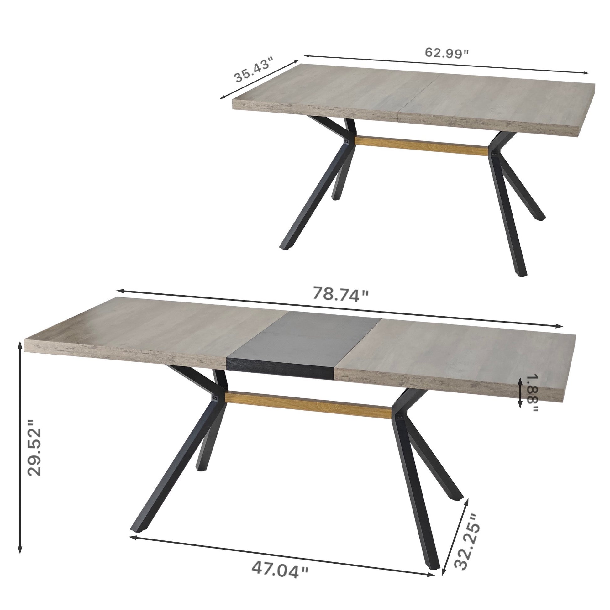 62.99" 78.74"Retro Rectangular Stretch Table, Grey Carole Top, Black Embossed Center Plate, Walnut Color Beam, Black Fine Sand Iron Foot Base Dining Table Grey Seats 6 Rectangular Mdf Metal