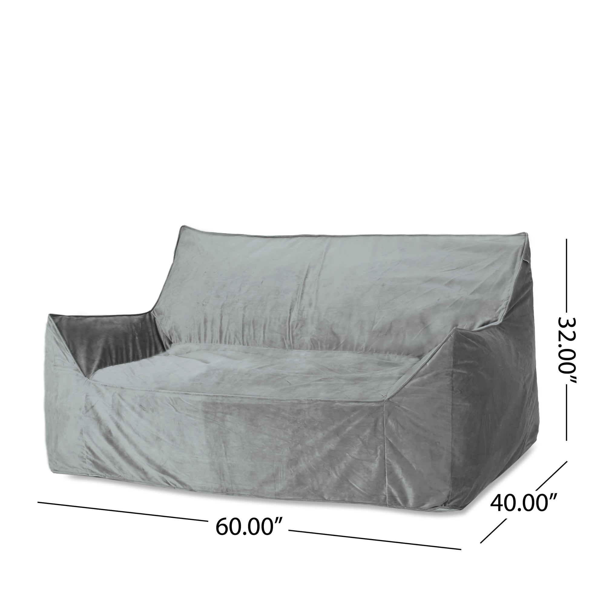 Fila Velveteen 2 Seater Oversized Bean Bag Chair With Armrests, Gray Gray Velvet