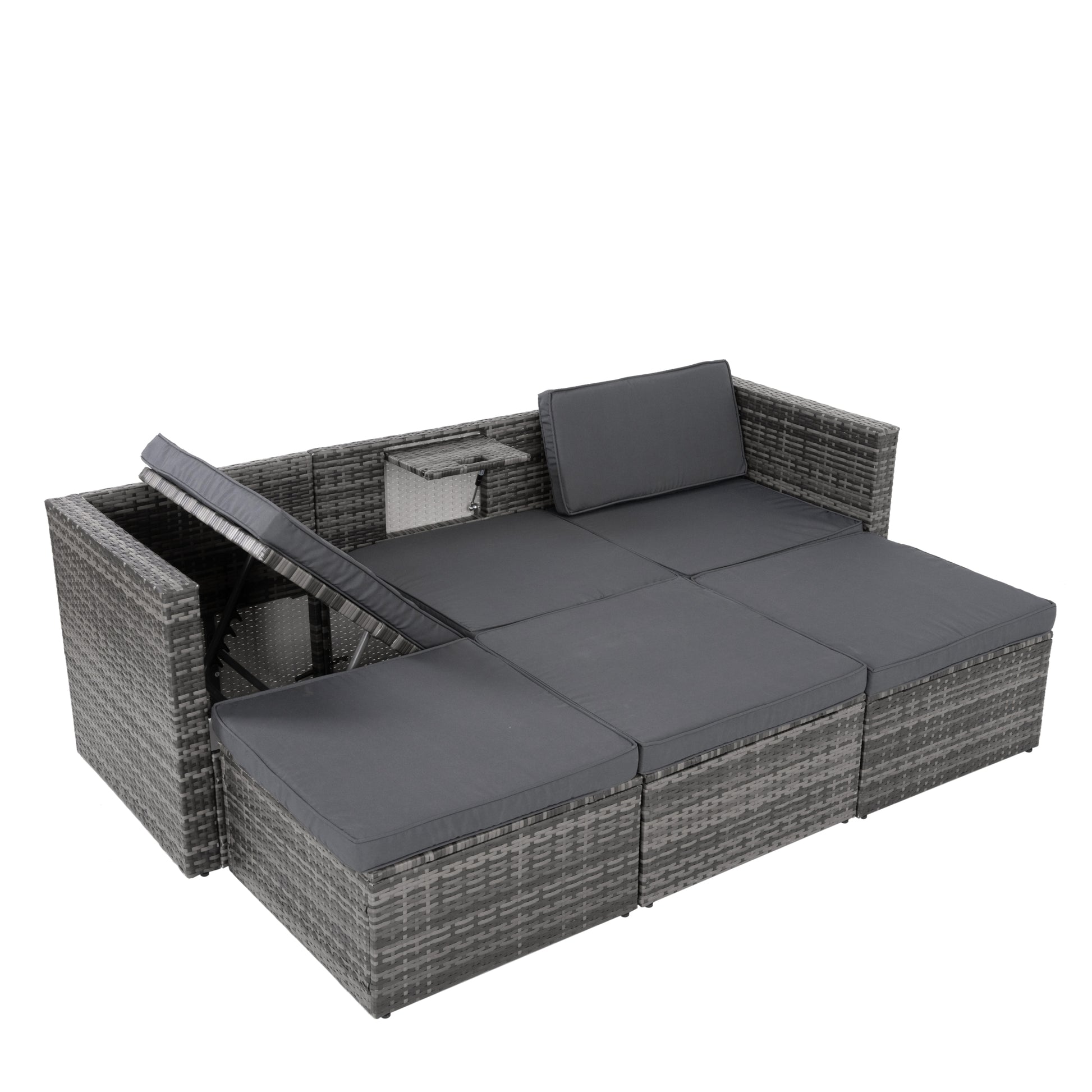 Patio Furniture, Outdoor Furniture, Seasonal Pe Wicker Furniture,5 Set Wicker Furniture With Plywood Coffee Table,With Lift Top Coffee Table,With Lounger Sofa Dark Gray Pe Rattan Iron Waterproof Fabric