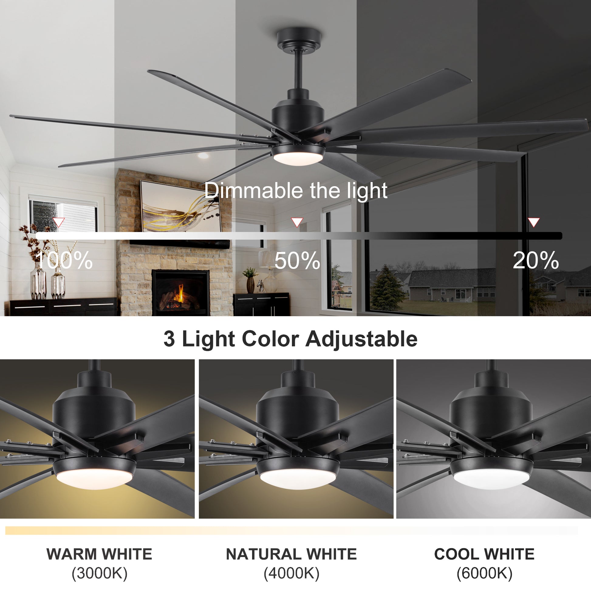 72" Supper Large Integrated Led Light Ceiling Fan With Black Abs Blade Matt Black Abs