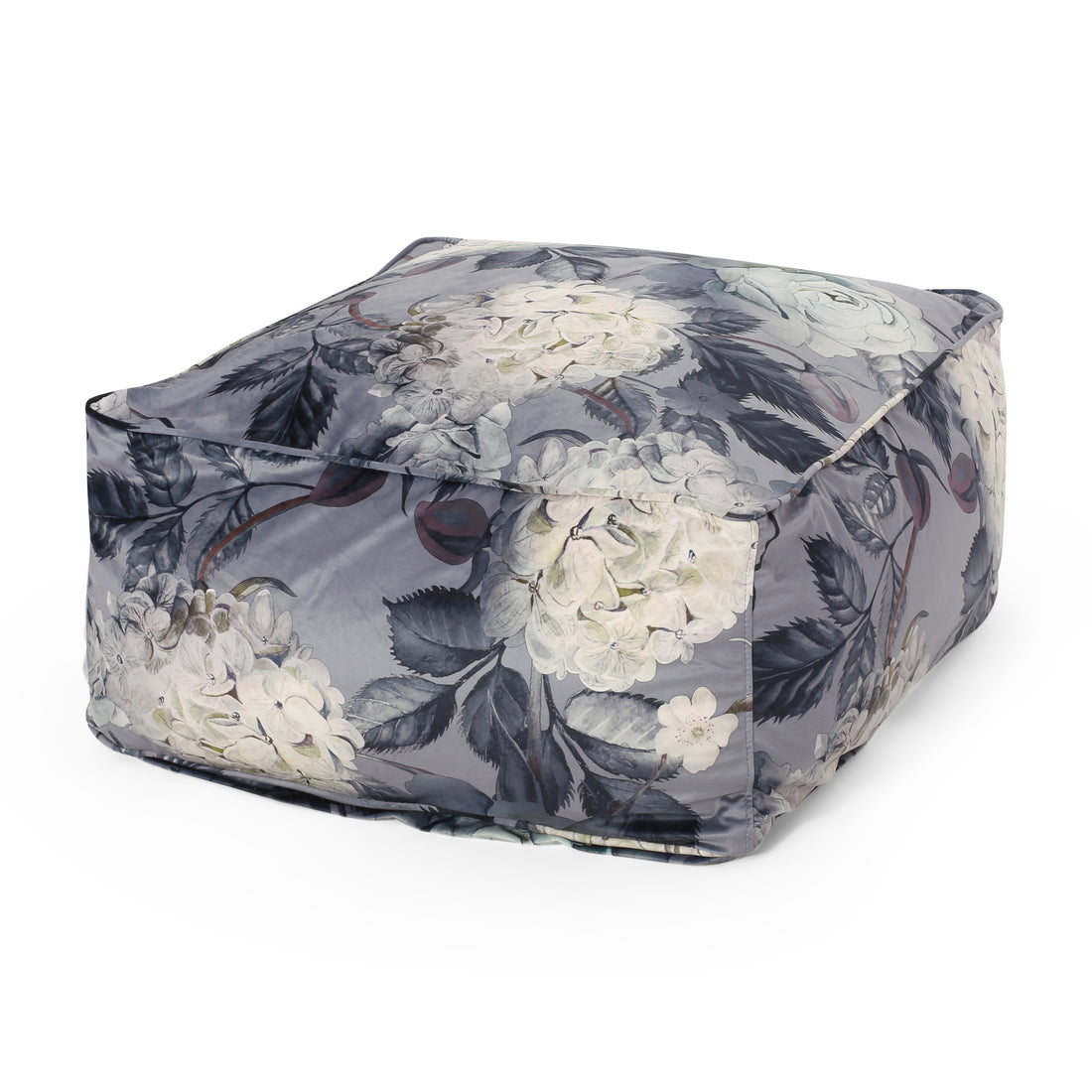 Hazel Large Square Pouf, Flower Print On Gray Gray Flower Velvet