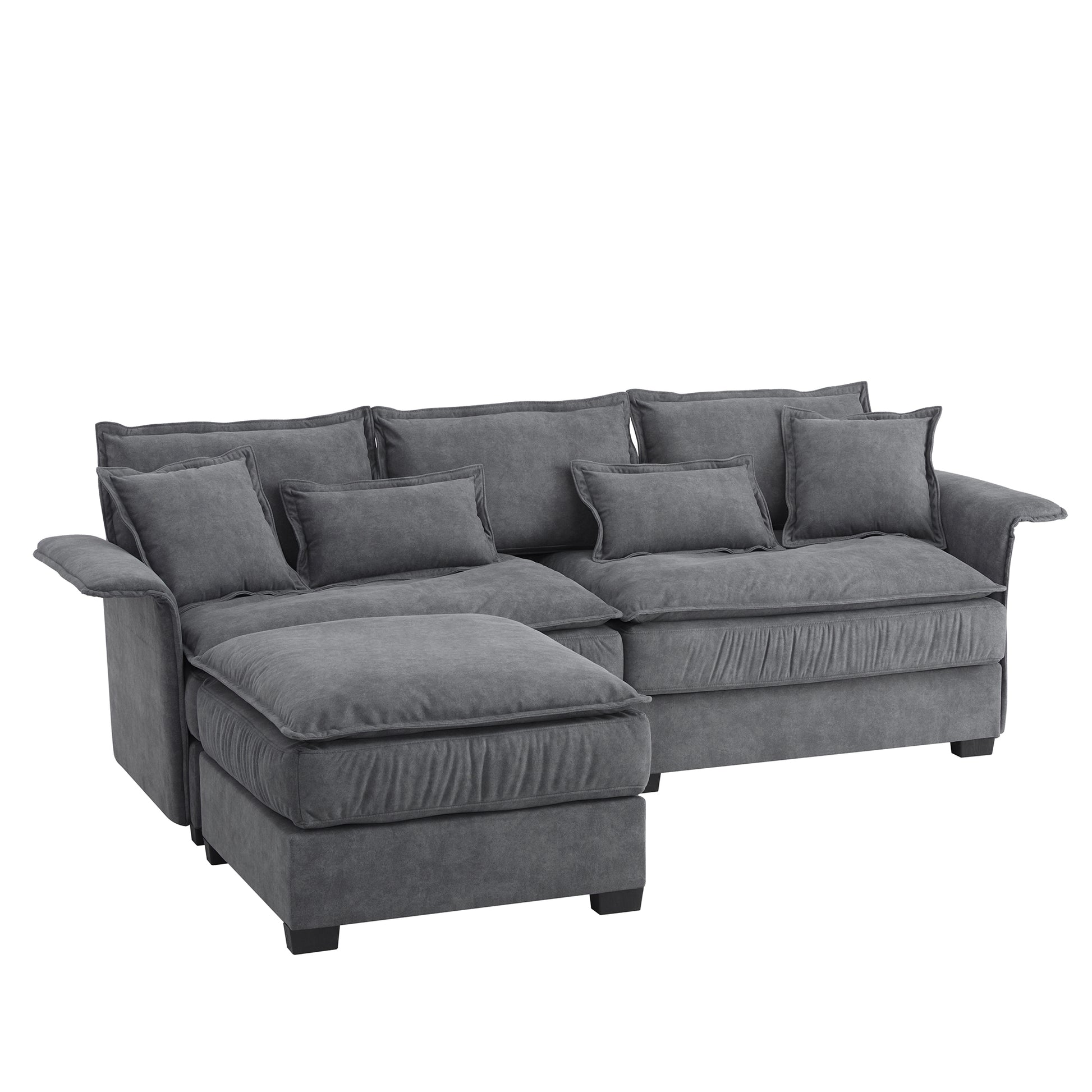 95*66"Oversized Luxury Sectional Sofa With Bentwood Armrests,4 Seat Upholstered Indoor Furniture With Double Cushions,L Shape Couch With Ottoman For Living Room,Apartment,3 Colors Dark Grey Fabric 4 Seat