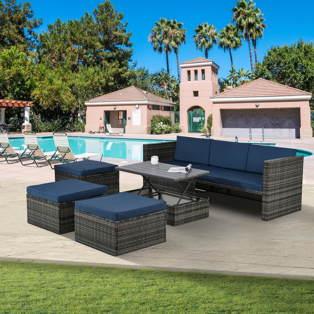 Patio Furniture, Outdoor Furniture, Seasonal Pe Wicker Furniture,5 Set Wicker Furniture With Plywood Coffee Table,With Lift Top Coffee Table,With Lounger Sofa Dark Gray Pe Rattan Iron Waterproof Fabric