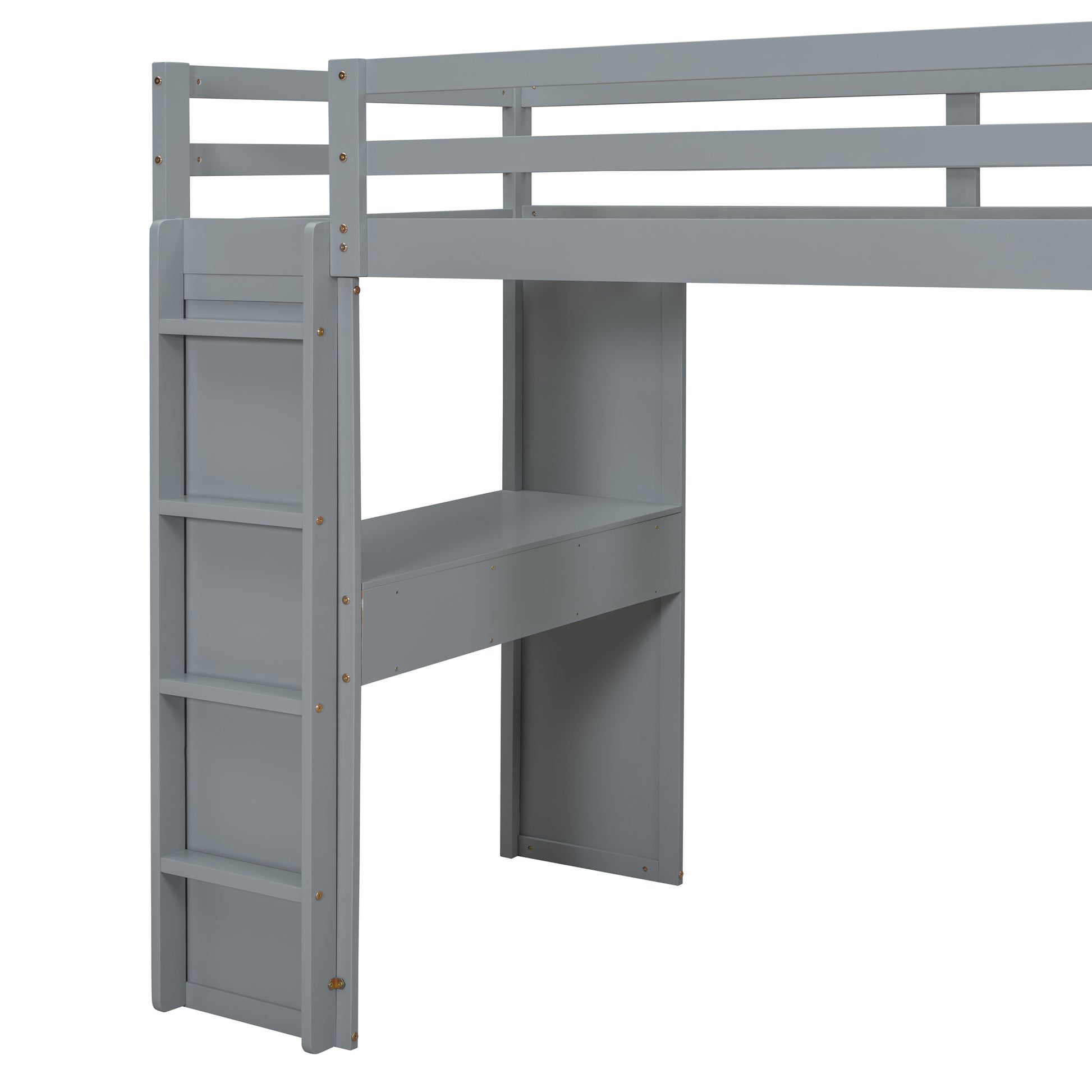 Full Size Loft Bed With Large Shelves, Writing Desk And Led Light, Gray Gray Solid Wood Mdf