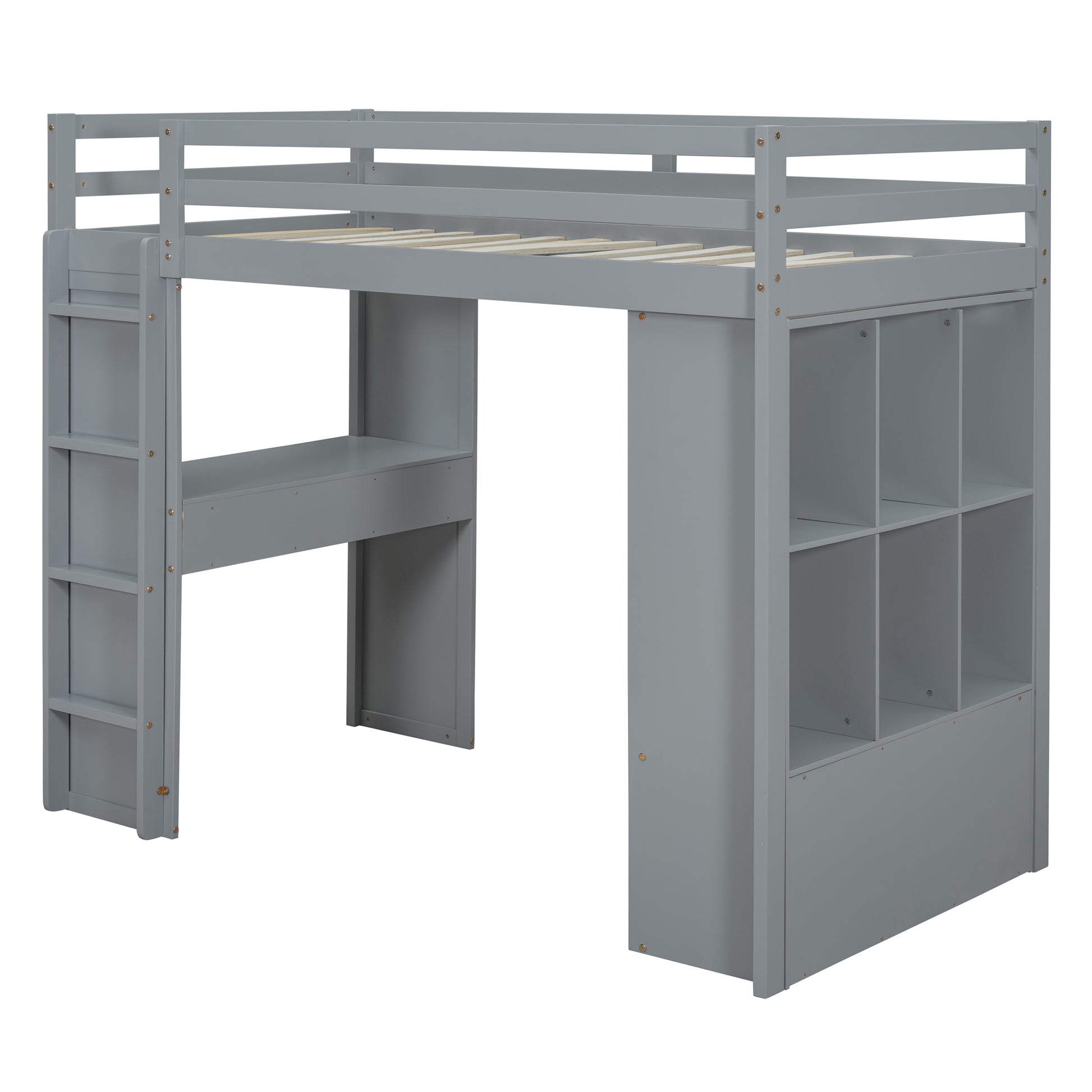 Full Size Loft Bed With Large Shelves, Writing Desk And Led Light, Gray Gray Solid Wood Mdf