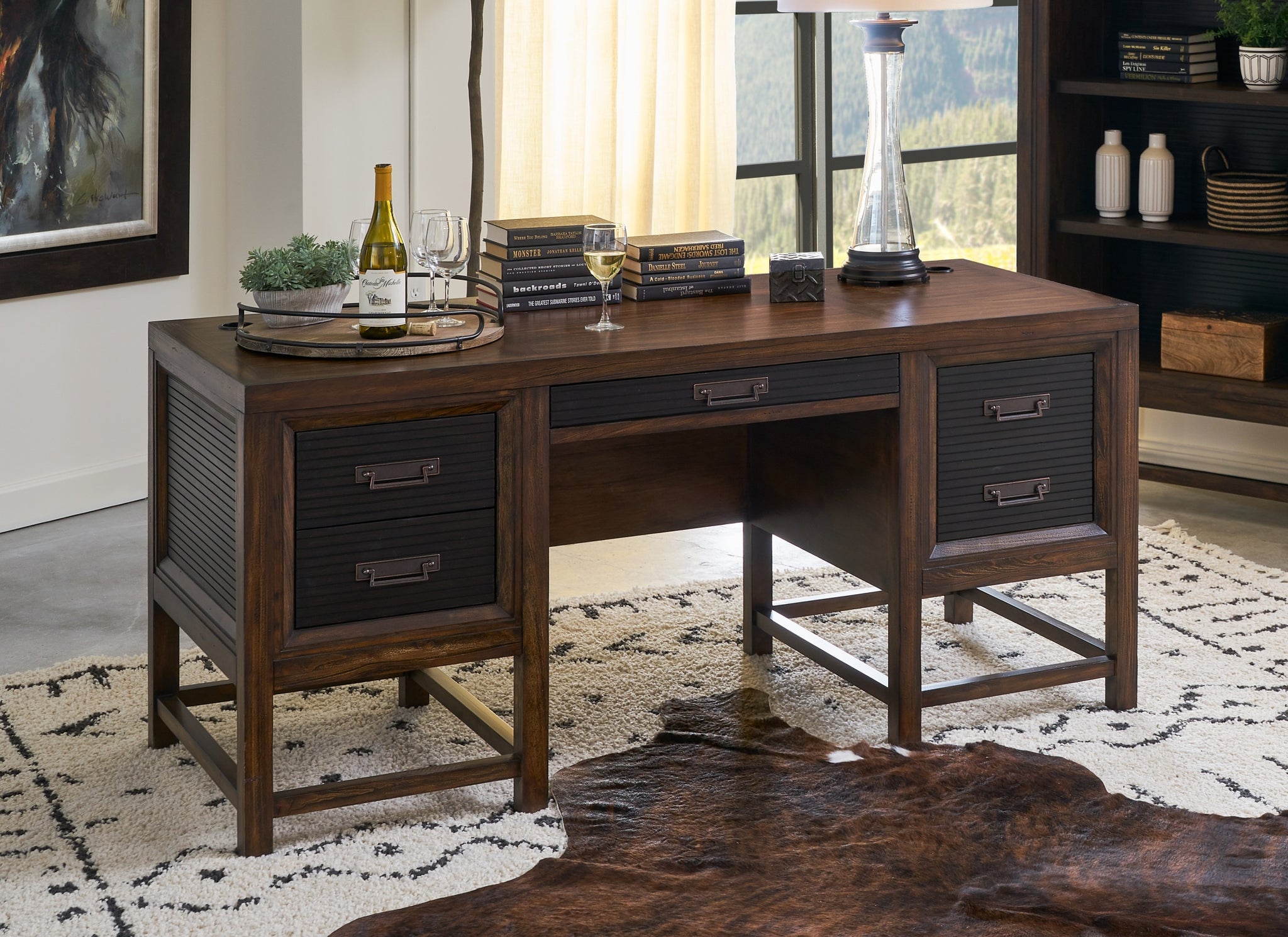 Branson Executive Desk, No Assembly Required, Two Tone Finsih Brown Brown Keyboard Tray Execultive Desk Office American Design,Transitional Freestanding Pine Rectangular Drawers Desk Rectangular Pine