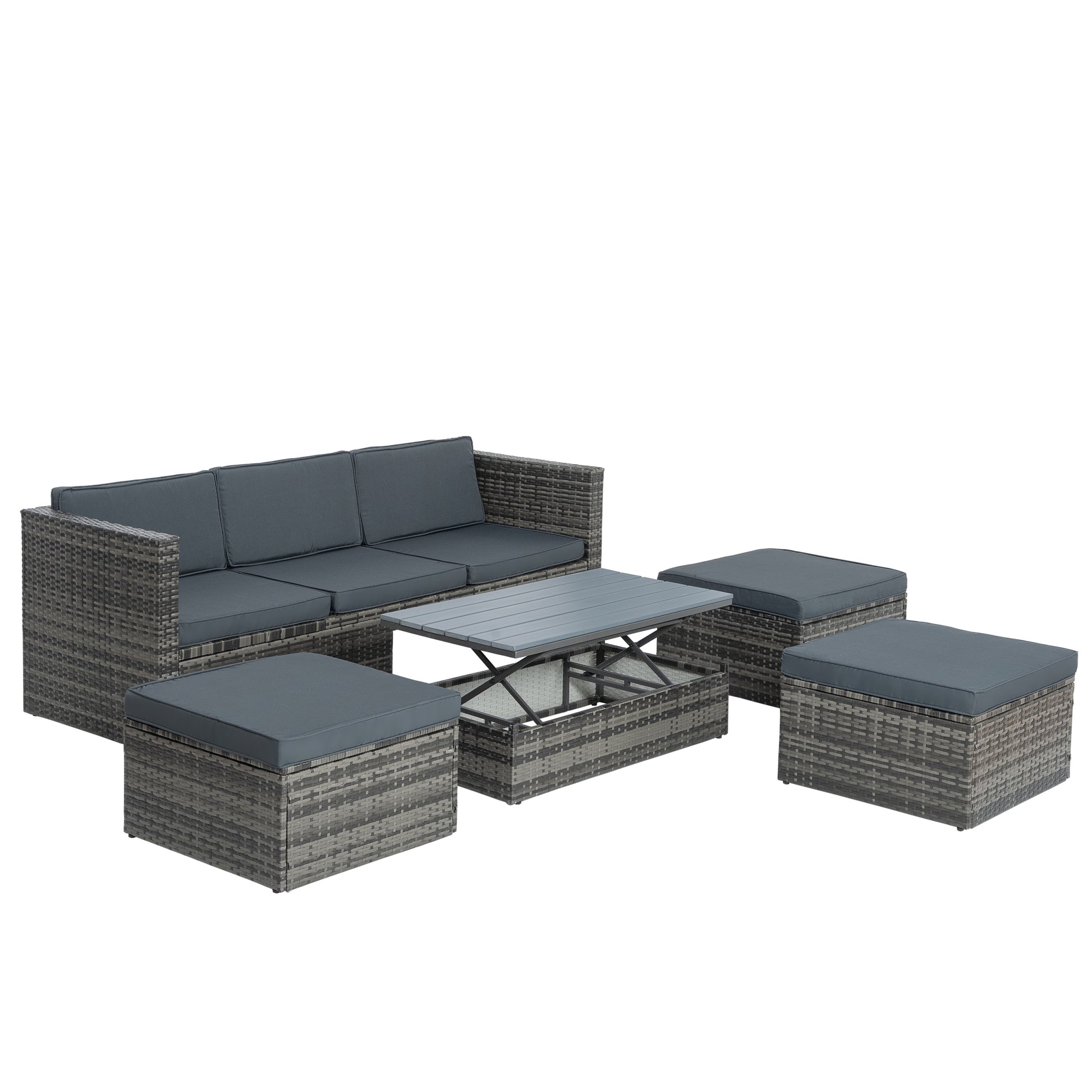 Patio Furniture, Outdoor Furniture, Seasonal Pe Wicker Furniture,5 Set Wicker Furniture With Plywood Coffee Table,With Lift Top Coffee Table,With Lounger Sofa Dark Gray Pe Rattan Iron Waterproof Fabric