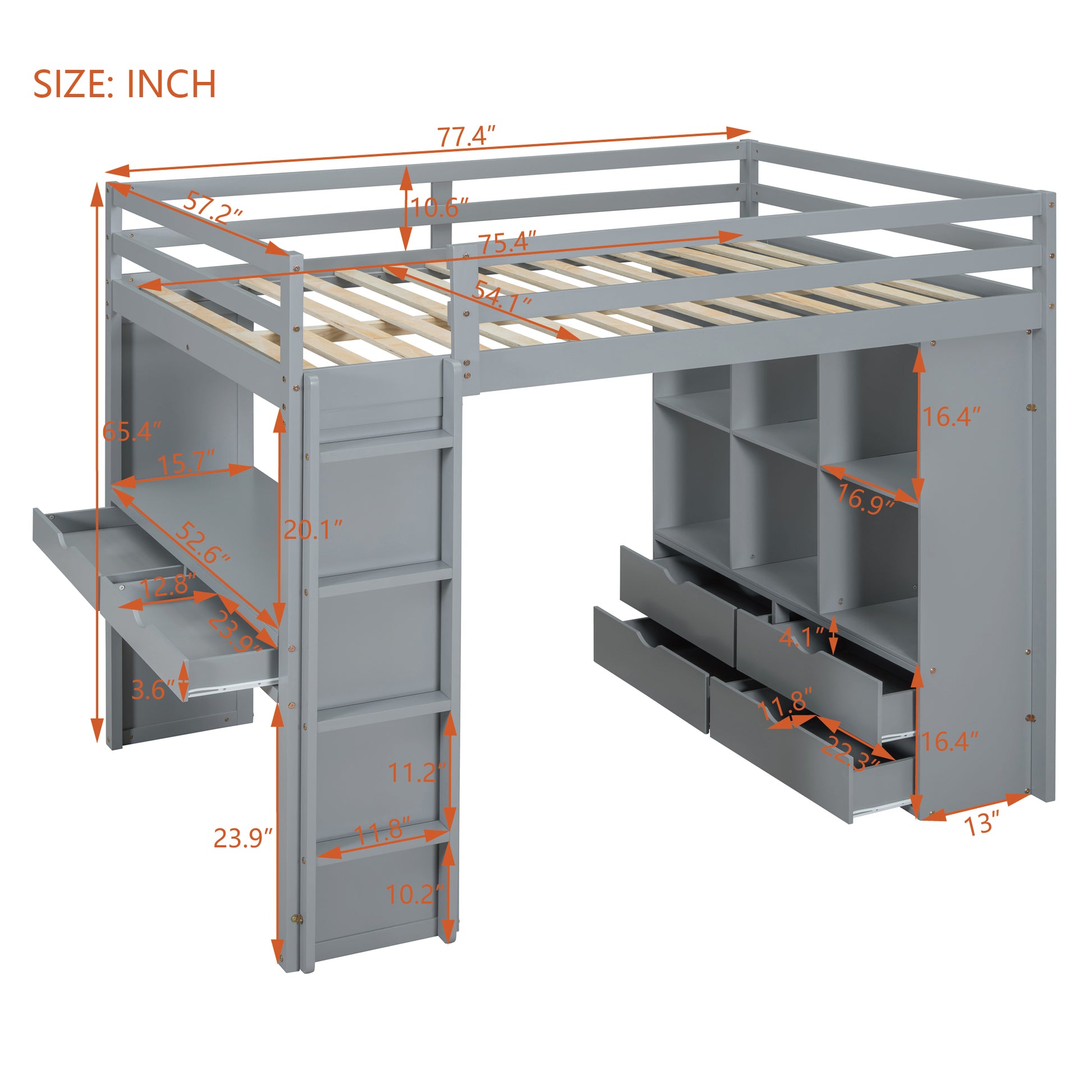 Full Size Loft Bed With Large Shelves, Writing Desk And Led Light, Gray Gray Solid Wood Mdf