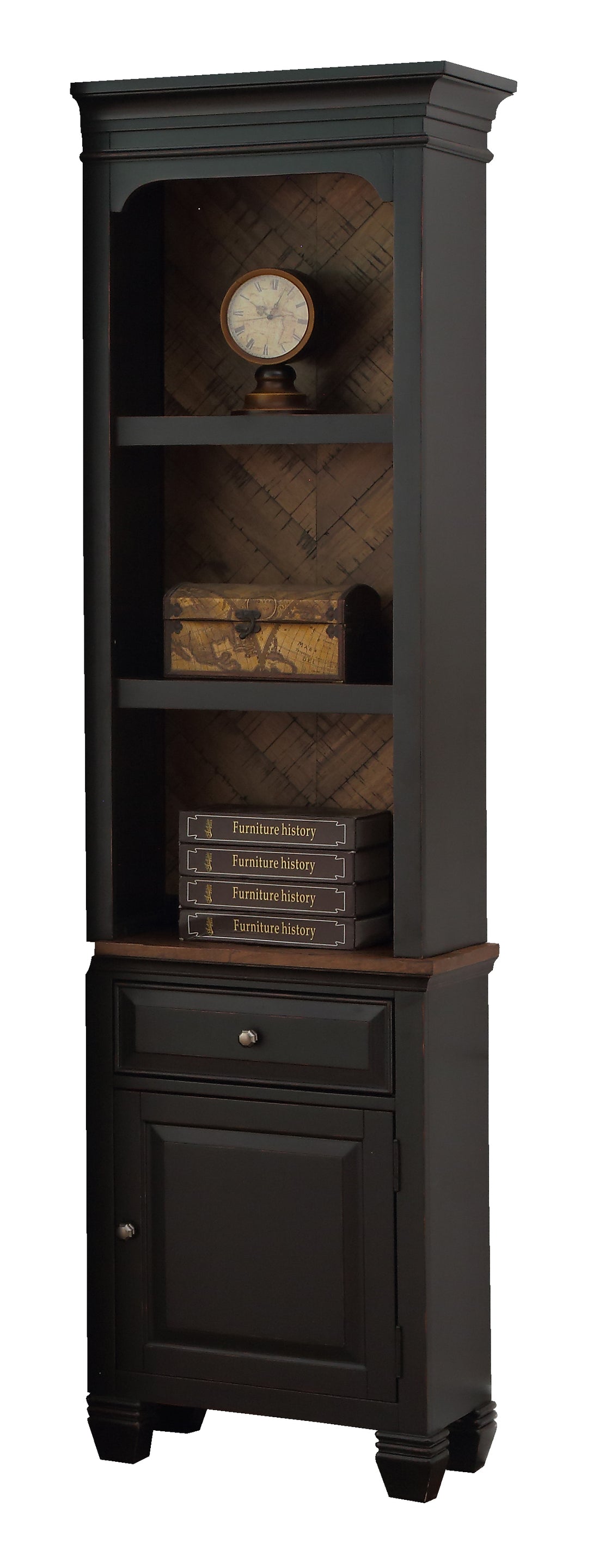 Brighton Right Pier, No Assembly Required, Heirloom Black Finish 3 4 Shelves Black Primary Living Space Drawers Included Traditional Poplar Wood