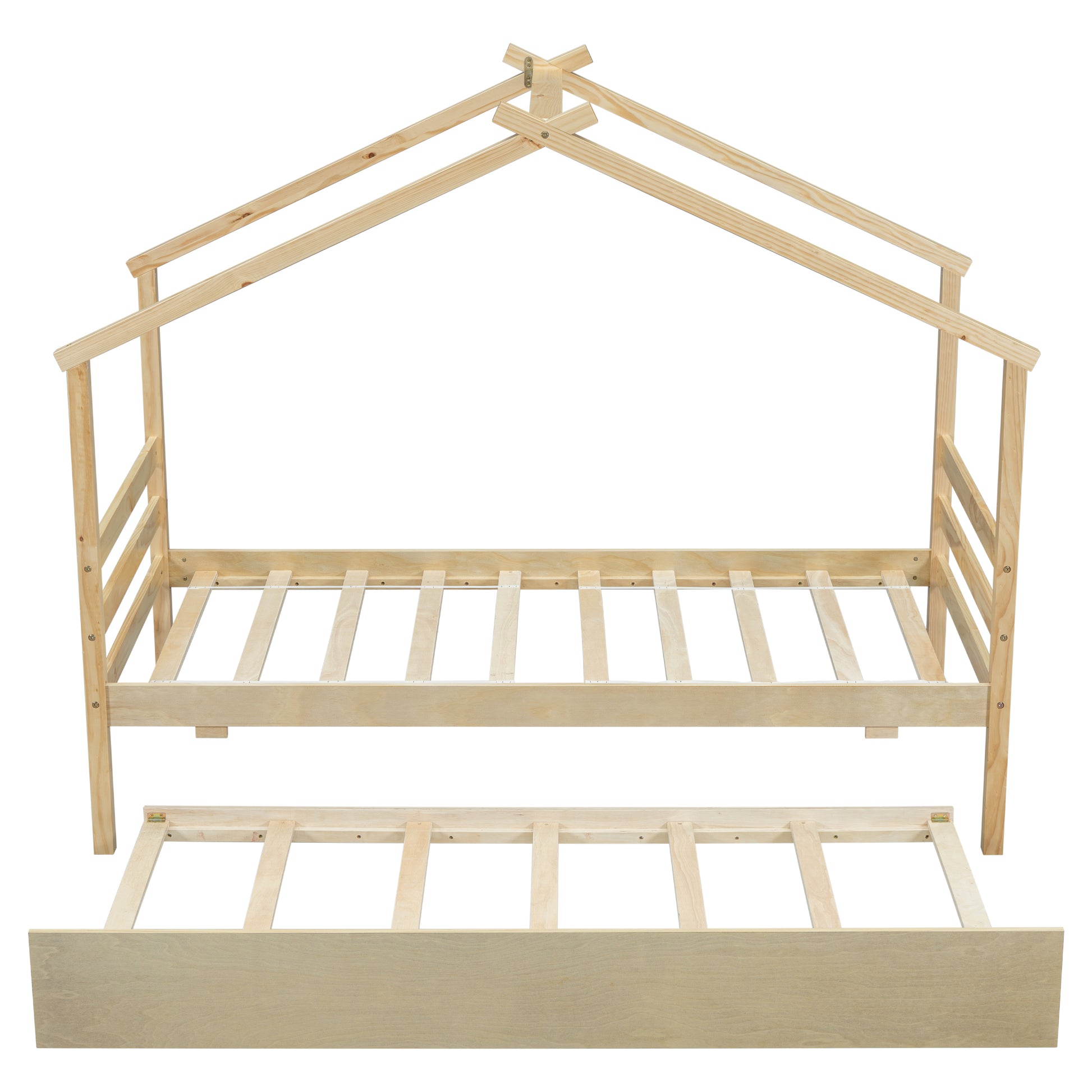 Twin Size House Shaped Bed With Trundle,Natural Twin Natural Wood Bedroom American Design Pine Bed Frame Pine