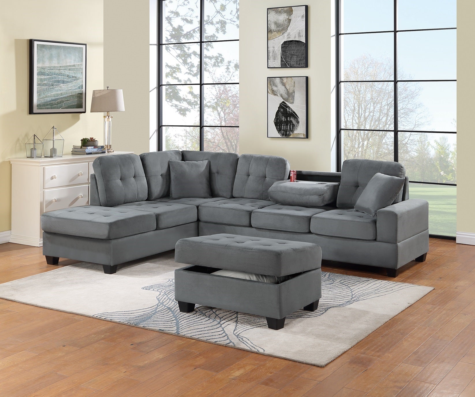 Dark Gray Plush Microfiber Living Room Furniture 3 Pcs Reversible Sectional Sofa Set Sofa W Cup Holder Reversible Chaise And Storage Ottoman Dark Gray Primary Living Space Contemporary,Modern,Transitional L Shaped Rubberwood Microfiber 5 Seat