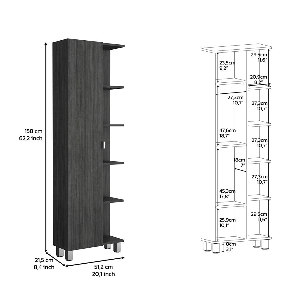 Linen Single Door Cabinet 62" H, Five External Shelves, Four Interior Shelves, Smokey Oak Gray Particle Board Particle Board