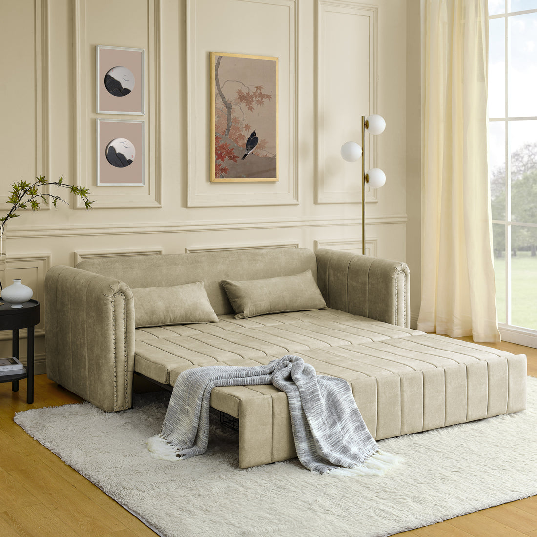 3 In 1 Pull Out Bed Sleeper, Modern Upholstered 3 Seats Lounge Sofa & Couches With Rolled Arms Decorated With Copper Nailsconvertible Futon 3 Seats Sofabed With Two Drawers And Two Pillows Beige Velvet Primary Living Space Medium Soft Cushion Back Square