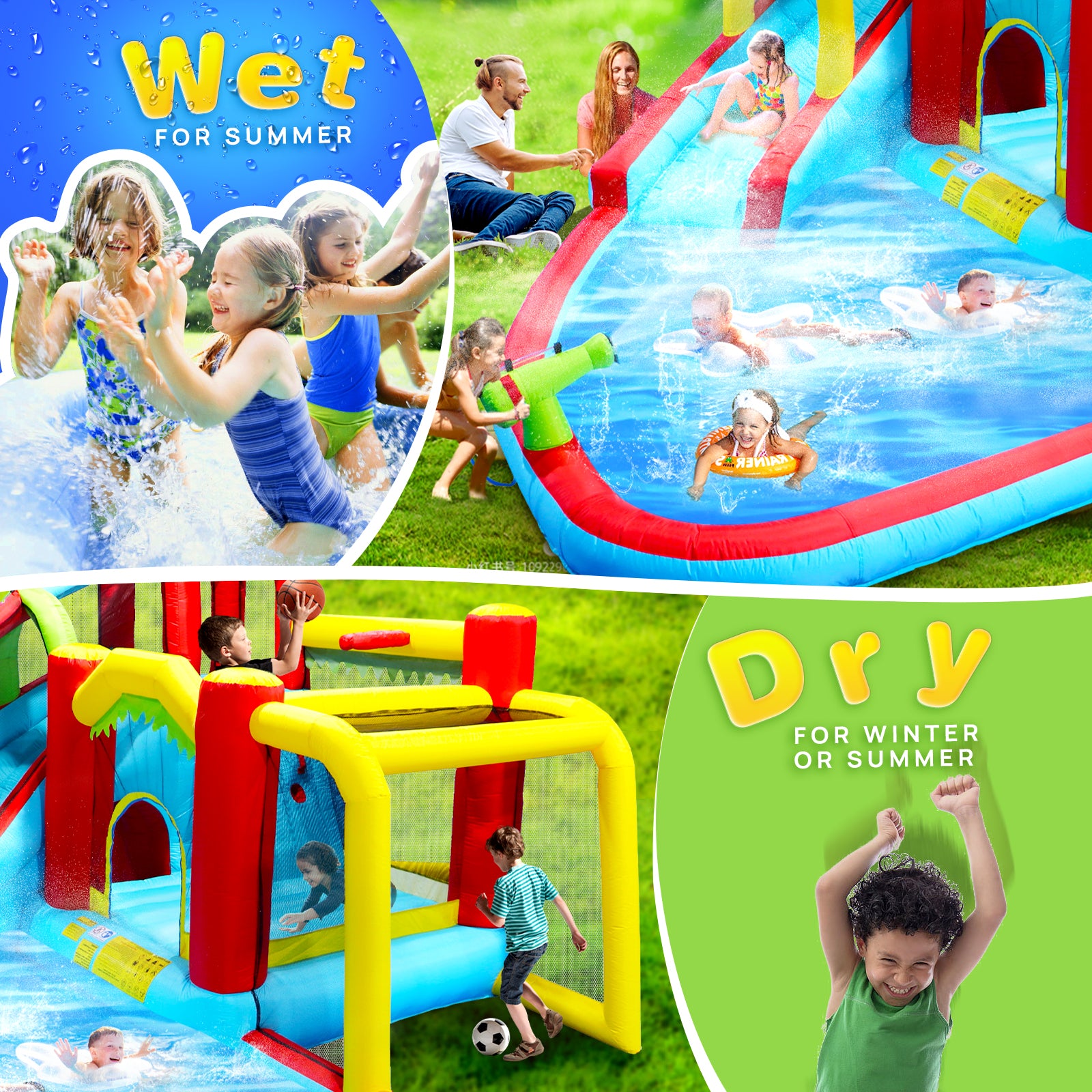 7 In1 Inflatable Slide Water Park Bouncing House Outdoor Soccer Garden Bouncer With Splash Pool & Water& Climbing Wall & Basketball & Football Multicolor Oxford Fabric