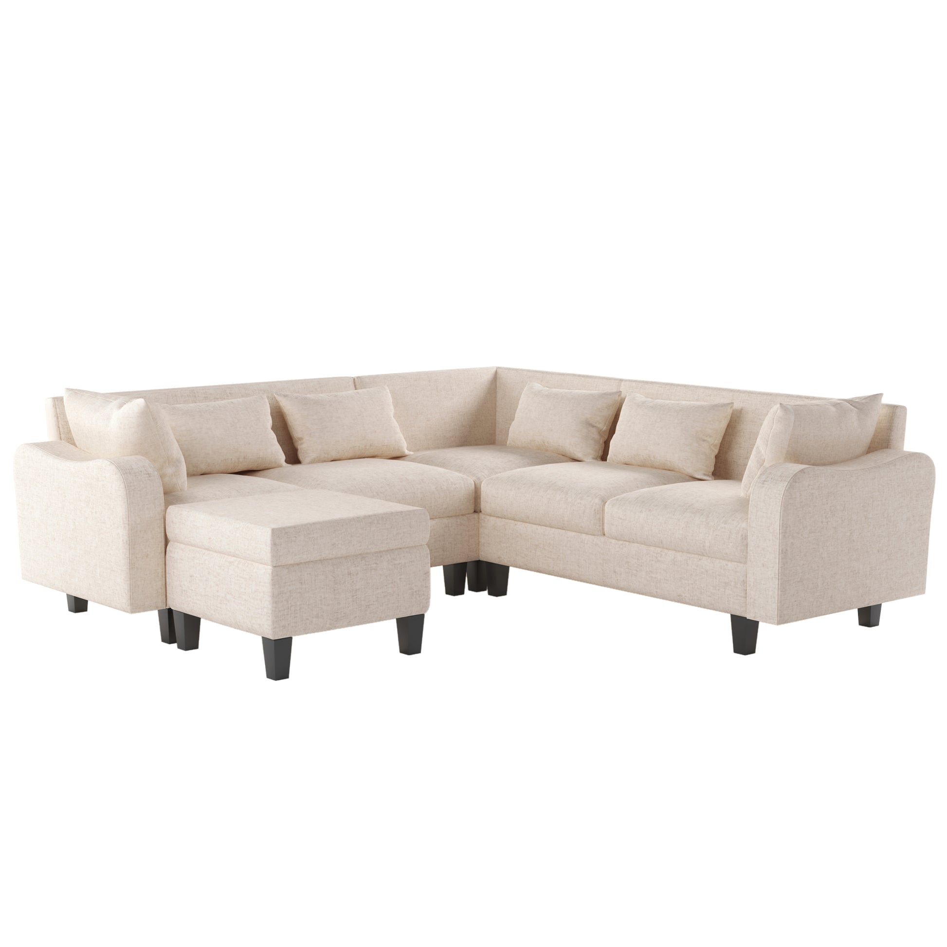 87" Modern Sectional Sofa With Coffee Table,6 Seat Couch Set With Storage Ottoman,Various Combinations,L Shape Indoor Furniture With Unique Armrests For Living Room,Apartment, 2 Colors 6 Pillows Beige Linen 6 Seat