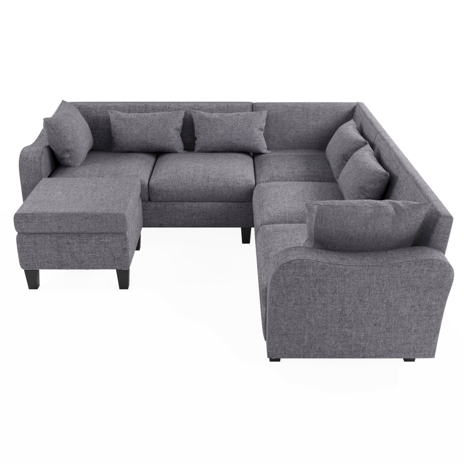 87" Modern Sectional Sofa With Coffee Table,6 Seat Couch Set With Storage Ottoman,Various Combinations,L Shape Indoor Furniture With Unique Armrests For Living Room,Apartment, 2 Colors 6 Pillows Gray Linen 6 Seat