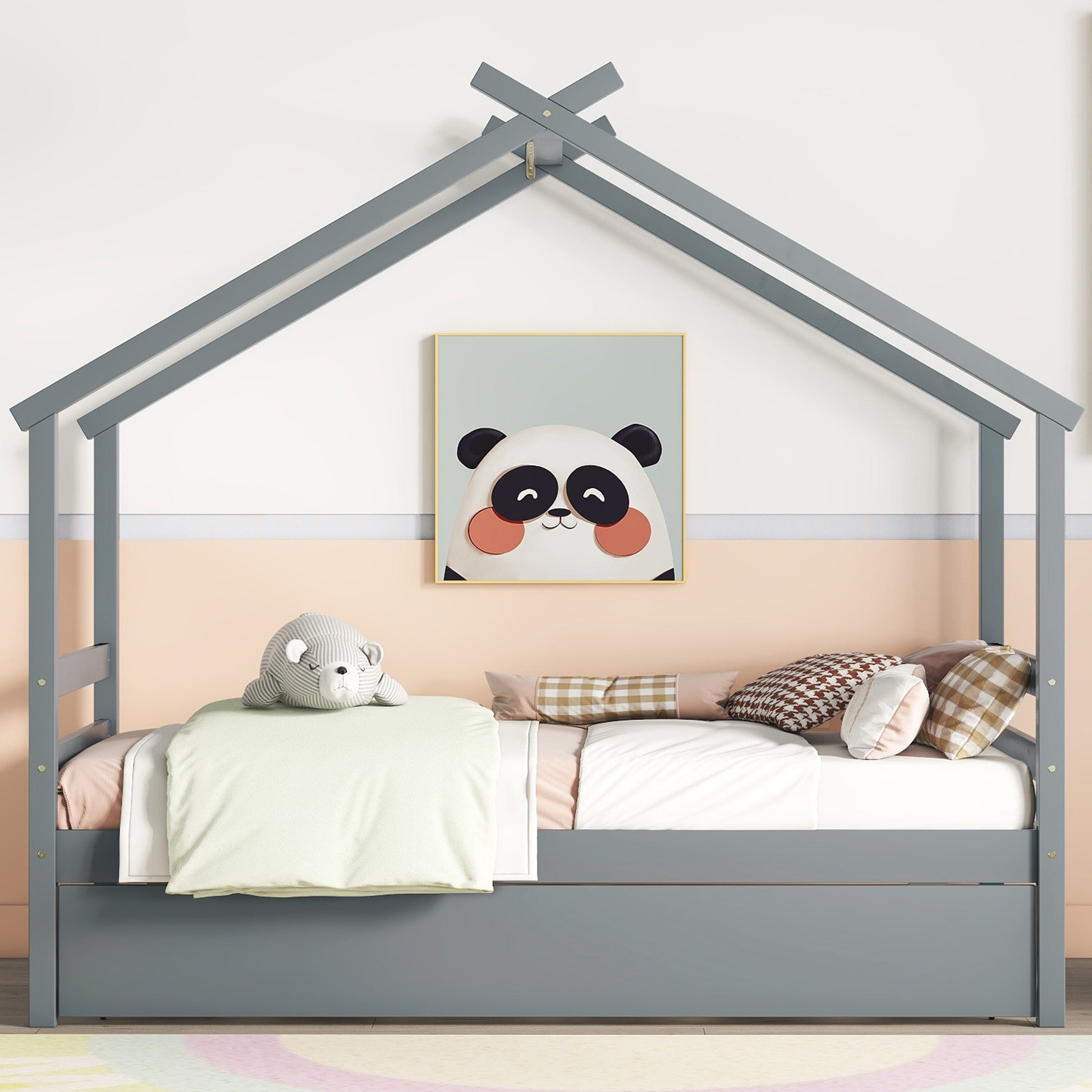 Twin Size House Shaped Bed With Trundle,Grey Twin Grey Wood Bedroom American Design Pine Bed Frame Pine