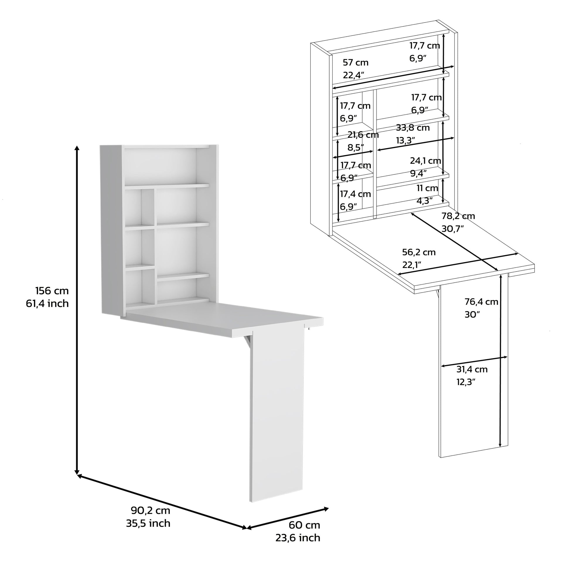 Wall Foldable Table With Multiple Shelves, White White Particle Board Particle Board