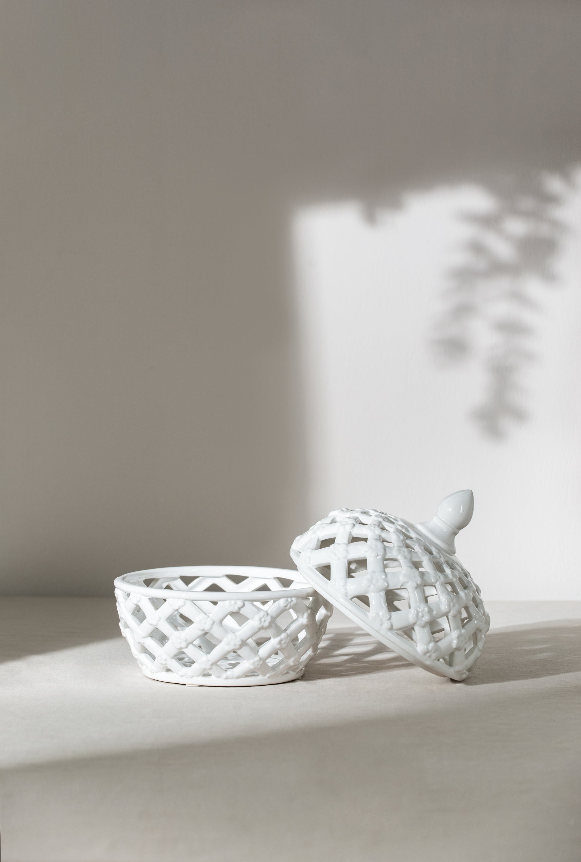 D8X9.5" White Ceramic Lidded Jar With Lattice Design White Ceramic