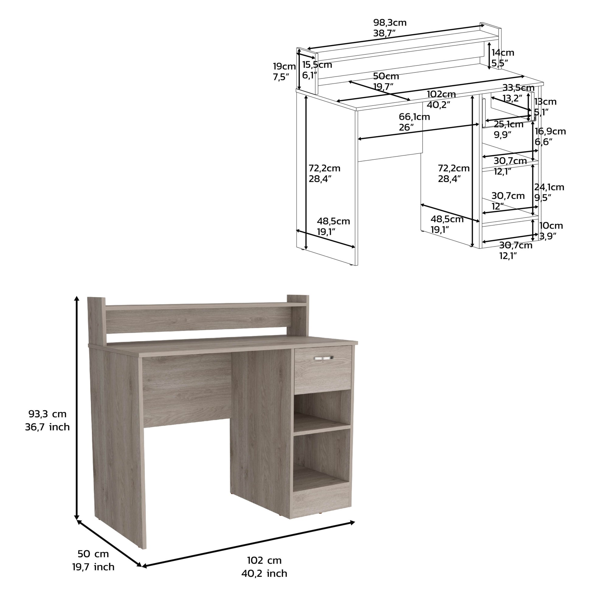 Vera Computer Desk With Top Open Shelf, 1 Drawer And 2 Storage Shelves, Light Gray Gray Particle Board Particle Board