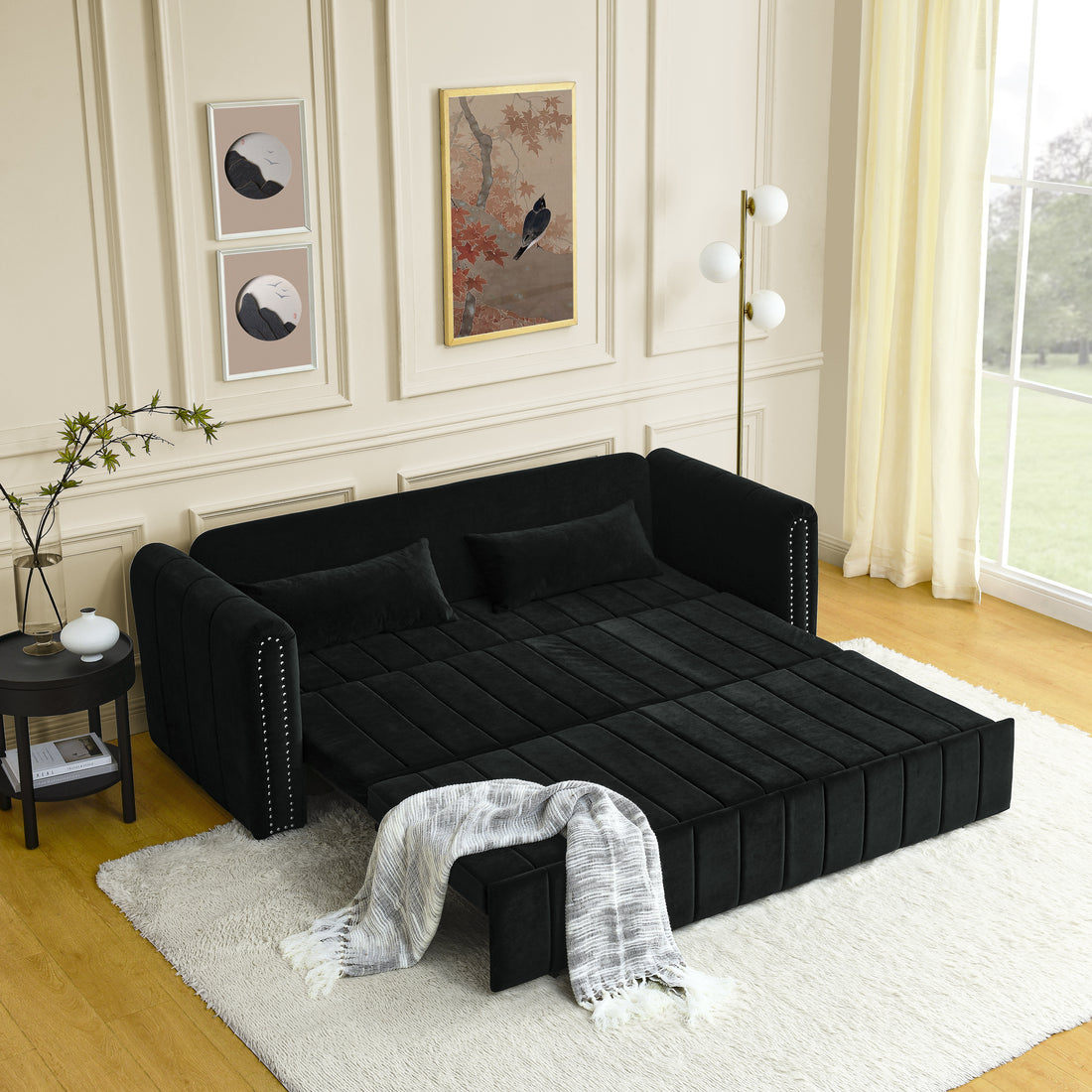 3 In 1 Pull Out Bed Sleeper, Modern Upholstered 3 Seats Lounge Sofa & Couches With Rolled Arms Decorated With Copper Nailsconvertible Futon 3 Seats Sofabed With Two Drawers And Two Pillows Black Velvet Primary Living Space Medium Soft Cushion Back Rolled