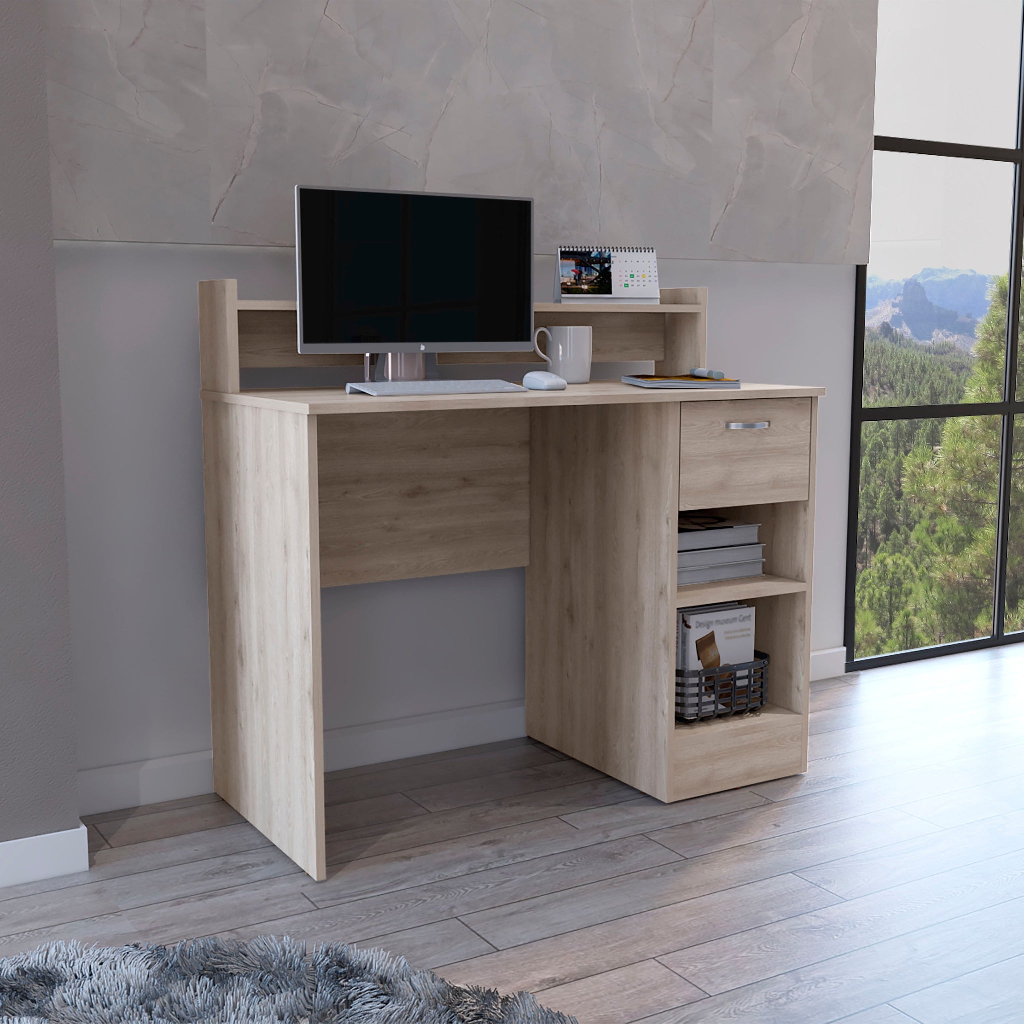 Computer Desk With Top Open Shelf, 1 Drawer And 2 Storage Shelves, Light Gray Gray Particle Board Particle Board