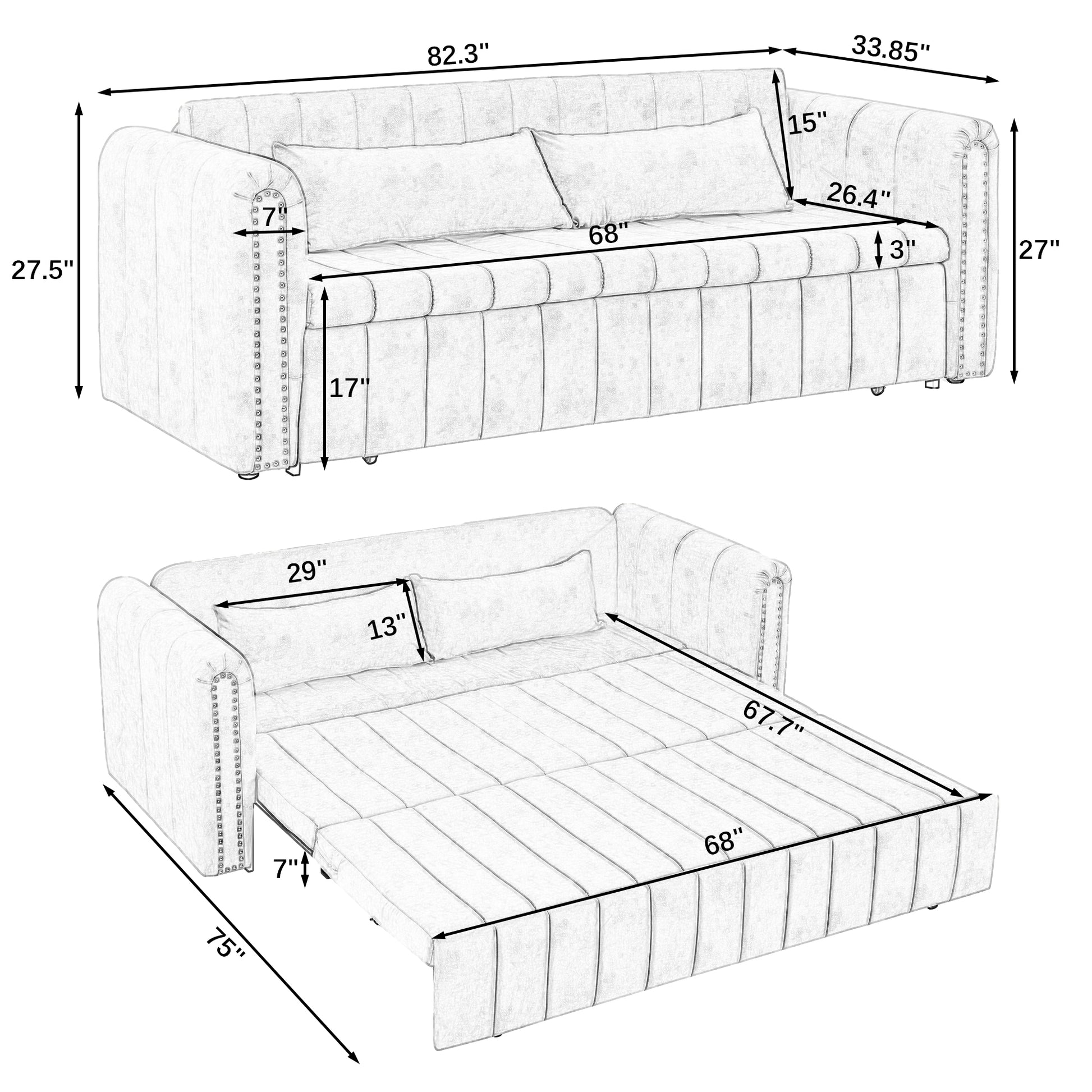 3 In 1 Pull Out Bed Sleeper, Modern Upholstered 3 Seats Lounge Sofa & Couches With Rolled Arms Decorated With Copper Nailsconvertible Futon 3 Seats Sofabed With Two Drawers And Two Pillows Beige Velvet Primary Living Space Medium Soft Cushion Back Square