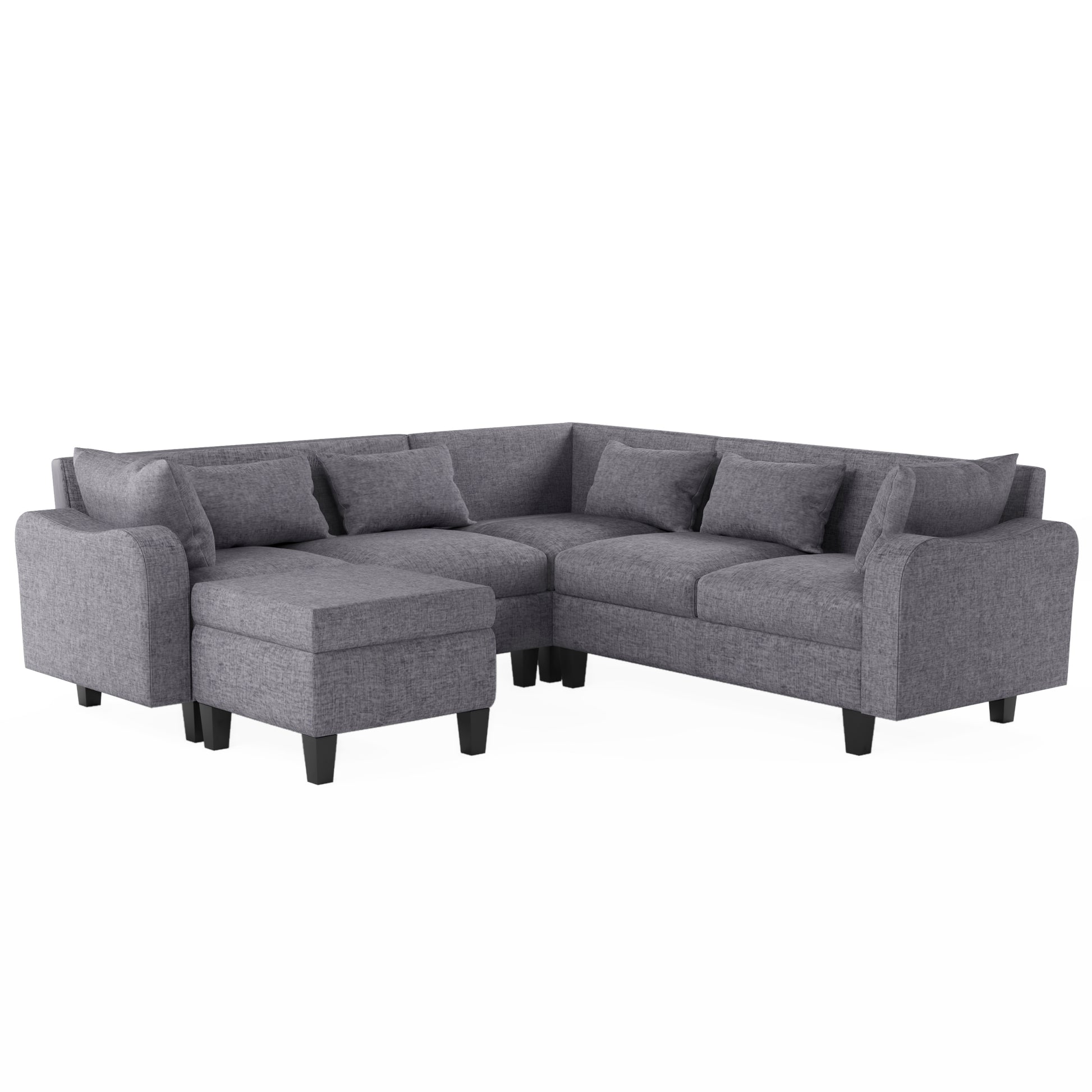 87" Modern Sectional Sofa With Coffee Table,6 Seat Couch Set With Storage Ottoman,Various Combinations,L Shape Indoor Furniture With Unique Armrests For Living Room,Apartment, 2 Colors 6 Pillows Gray Linen 6 Seat