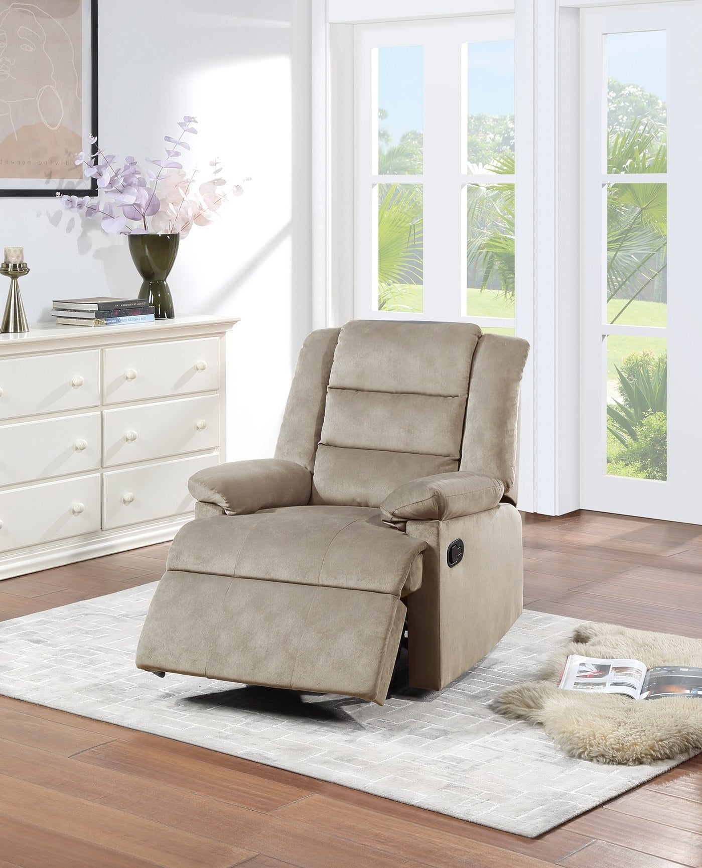 Contemporary Beige Color Velvet Fabric Recliner Motion Recliner Chair 1Pc Couch Manual Motion Plush Armrest Living Room Furniture Beige Velvet Manual Handle Metal Primary Living Space Cushion Back Contemporary,Modern,Transitional Handle Pillow Top Arms