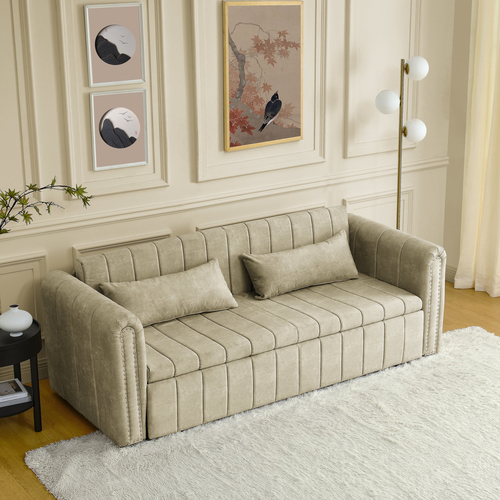 3 In 1 Pull Out Bed Sleeper, Modern Upholstered 3 Seats Lounge Sofa & Couches With Rolled Arms Decorated With Copper Nailsconvertible Futon 3 Seats Sofabed With Two Drawers And Two Pillows Beige Velvet Primary Living Space Medium Soft Cushion Back Square