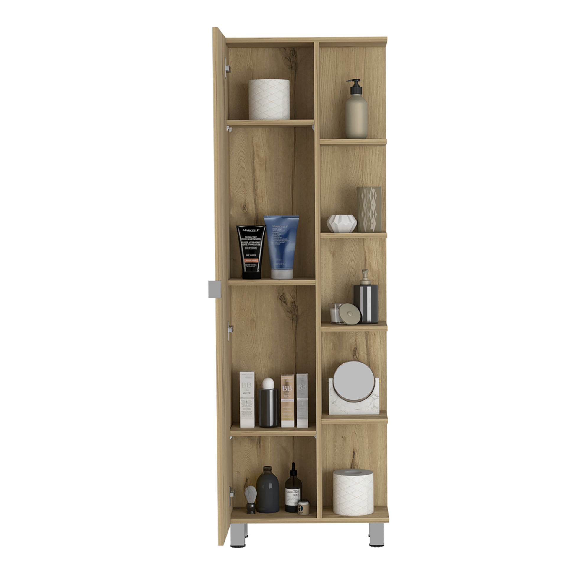 Linen Single Door Cabinet 62" H, Five External Shelves, Four Interior Shelves, Light Oak Beige Particle Board Particle Board