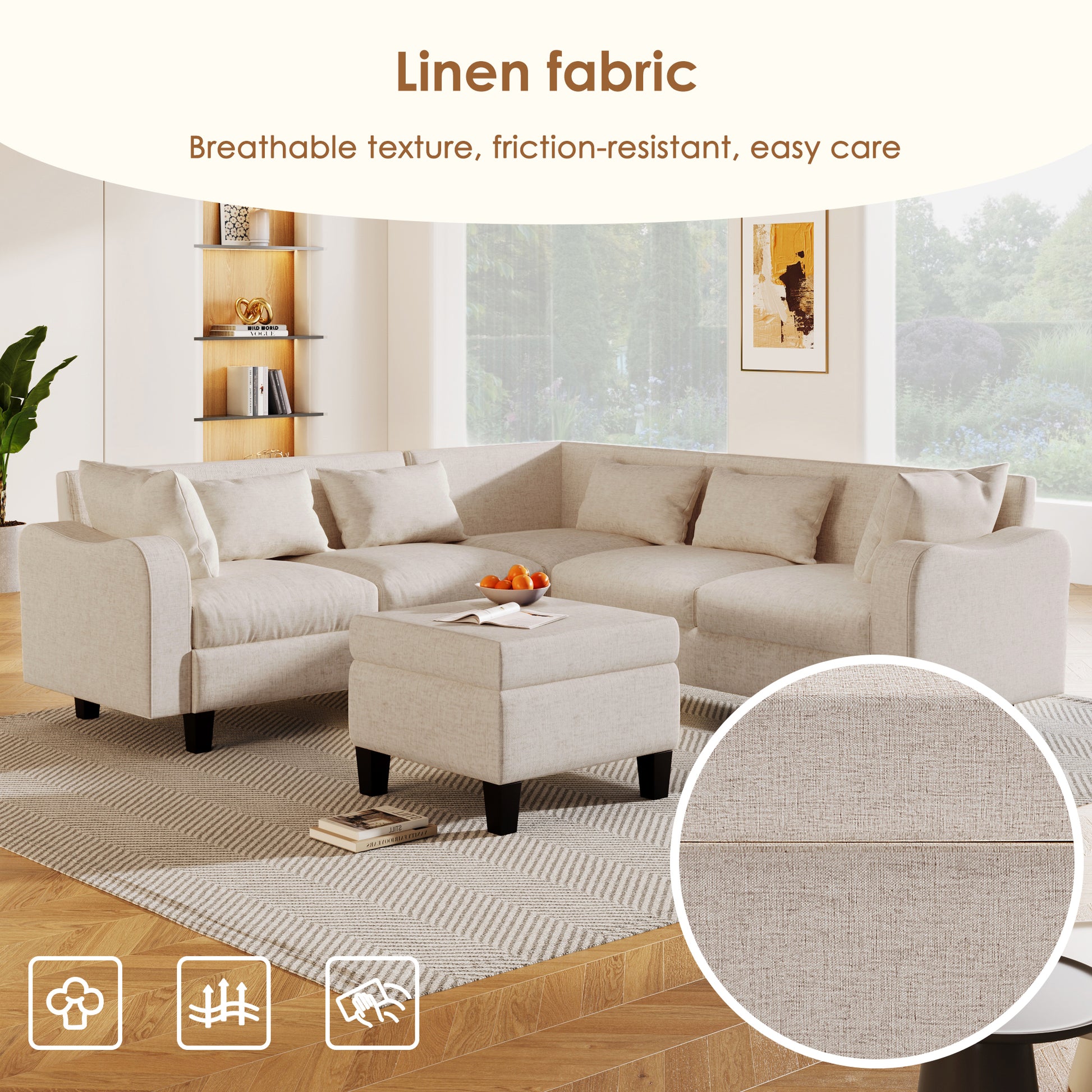 87" Modern Sectional Sofa With Coffee Table,6 Seat Couch Set With Storage Ottoman,Various Combinations,L Shape Indoor Furniture With Unique Armrests For Living Room,Apartment, 2 Colors 6 Pillows Beige Linen 6 Seat