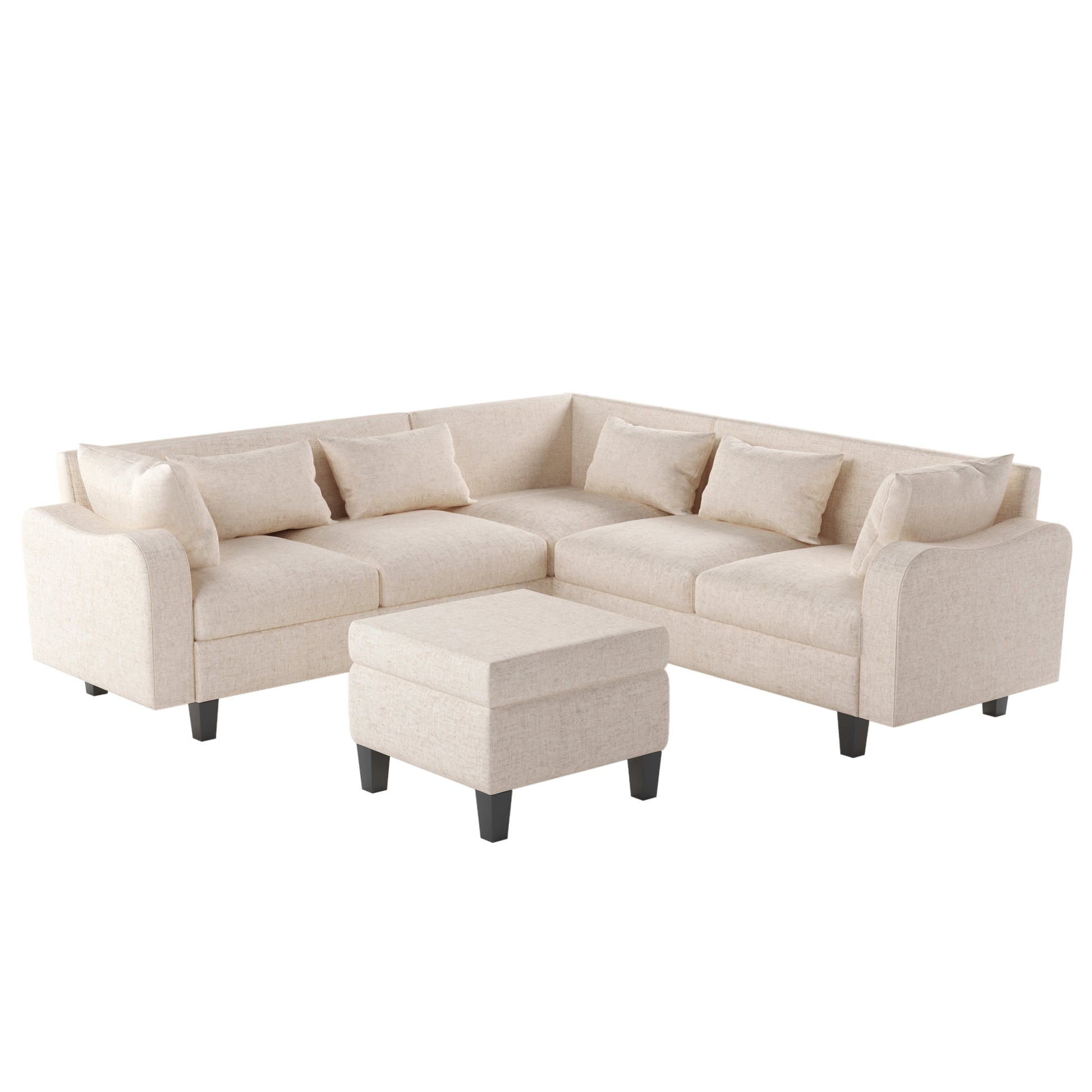 87" Modern Sectional Sofa With Coffee Table,6 Seat Couch Set With Storage Ottoman,Various Combinations,L Shape Indoor Furniture With Unique Armrests For Living Room,Apartment, 2 Colors 6 Pillows Beige Linen 6 Seat