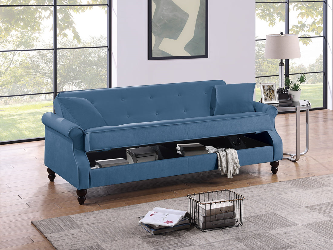 Contemporary Living Room Adjustable Sofa Blue Burnt Out Fabric Couch Plush Storage Couch 1Pc Futon Sofa W Pillows Tufted Back Rolled Arms Blue Wood Primary Living Space Contemporary,Modern Pine Fabric 2 Seat