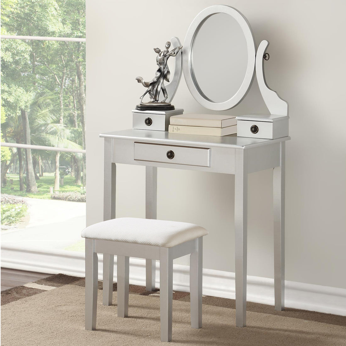 Moniys Wood Moniya Makeup Vanity Table And Stool Set, Silver Silver Wood