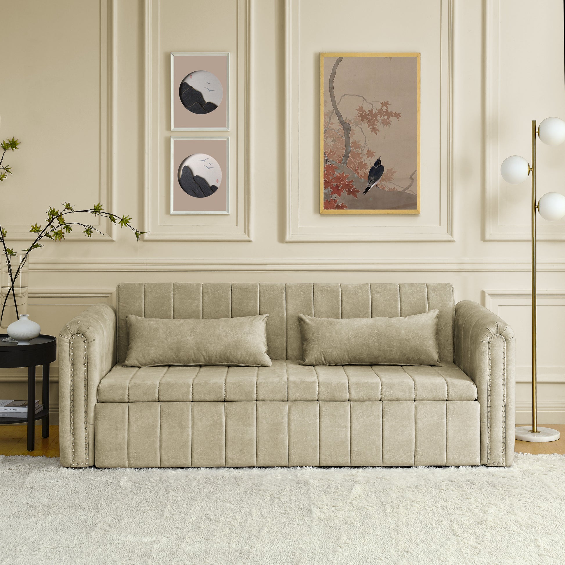 3 In 1 Pull Out Bed Sleeper, Modern Upholstered 3 Seats Lounge Sofa & Couches With Rolled Arms Decorated With Copper Nailsconvertible Futon 3 Seats Sofabed With Two Drawers And Two Pillows Beige Velvet Primary Living Space Medium Soft Cushion Back Square