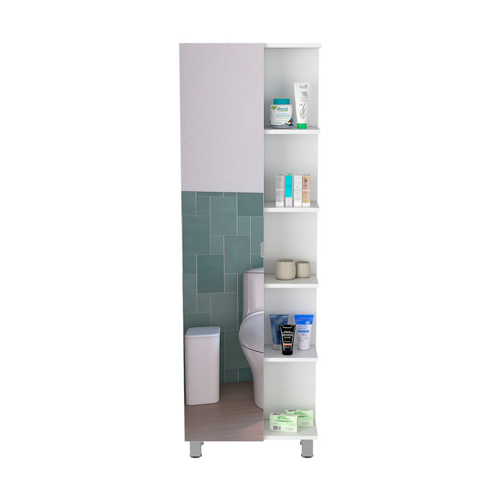 62H"Mirror Linen Single Door Cabinet, Five External Shelves, Four Interior Shelves, White White Particle Board Particle Board