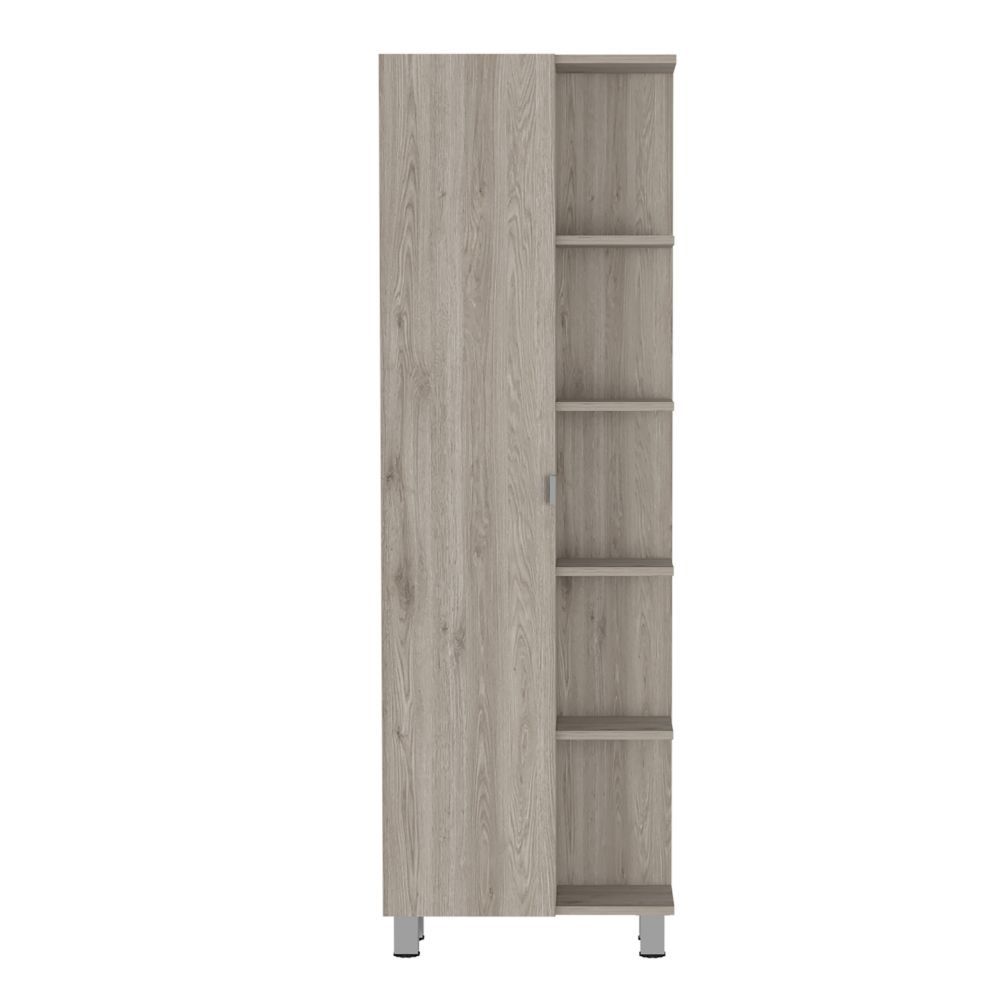 Linen Single Door Cabinet 62" H, Five External Shelves, Four Interior Shelves, Light Gray Gray Particle Board Particle Board