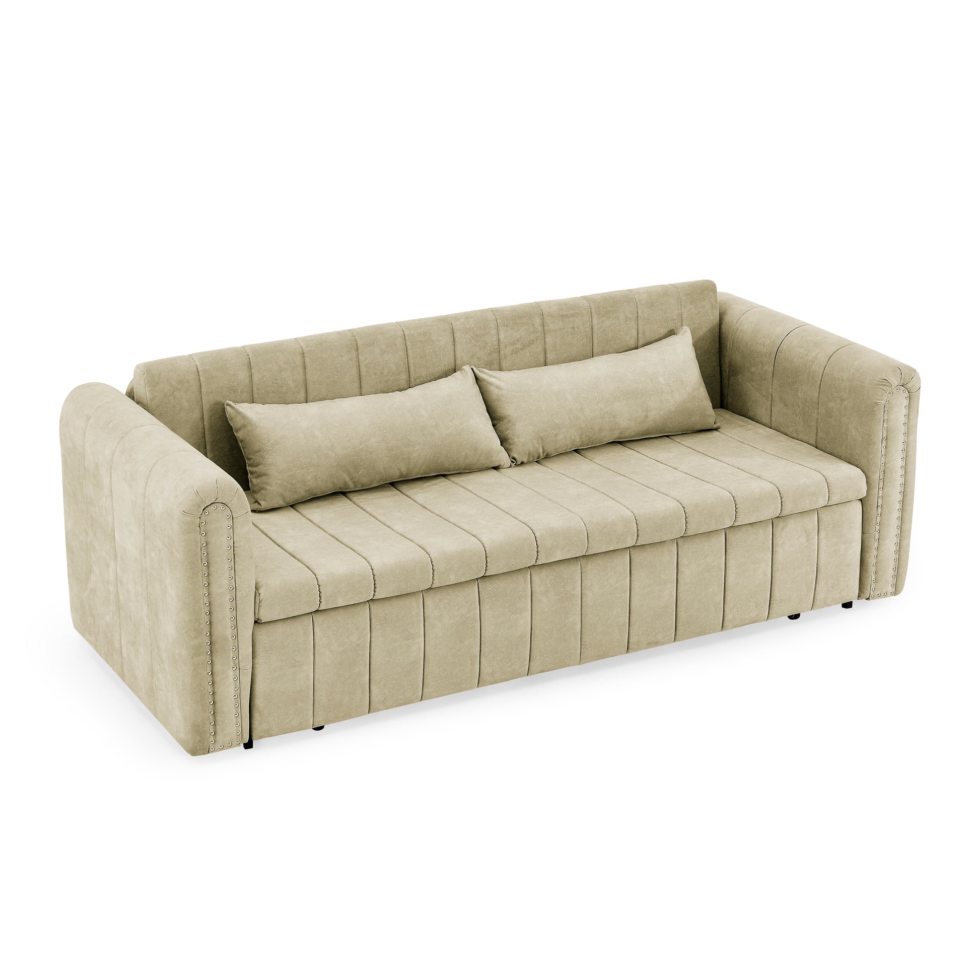 3 In 1 Pull Out Bed Sleeper, Modern Upholstered 3 Seats Lounge Sofa & Couches With Rolled Arms Decorated With Copper Nailsconvertible Futon 3 Seats Sofabed With Two Drawers And Two Pillows Beige Velvet Primary Living Space Medium Soft Cushion Back Square