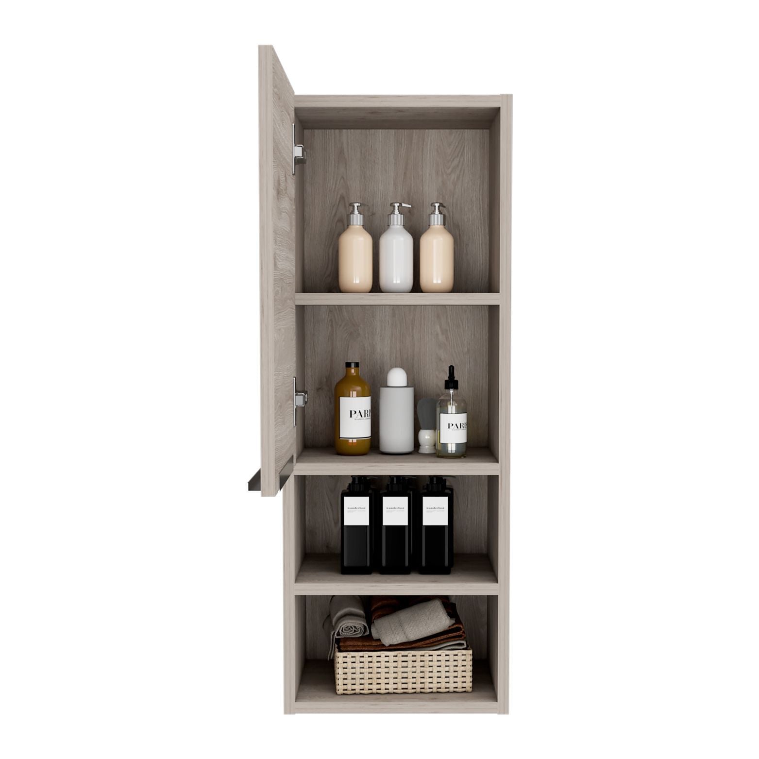 Medicine 32H" Single Door Cabinet, Two Interior Shelves, Two External Shelves, Light Gray Gray Particle Board Particle Board