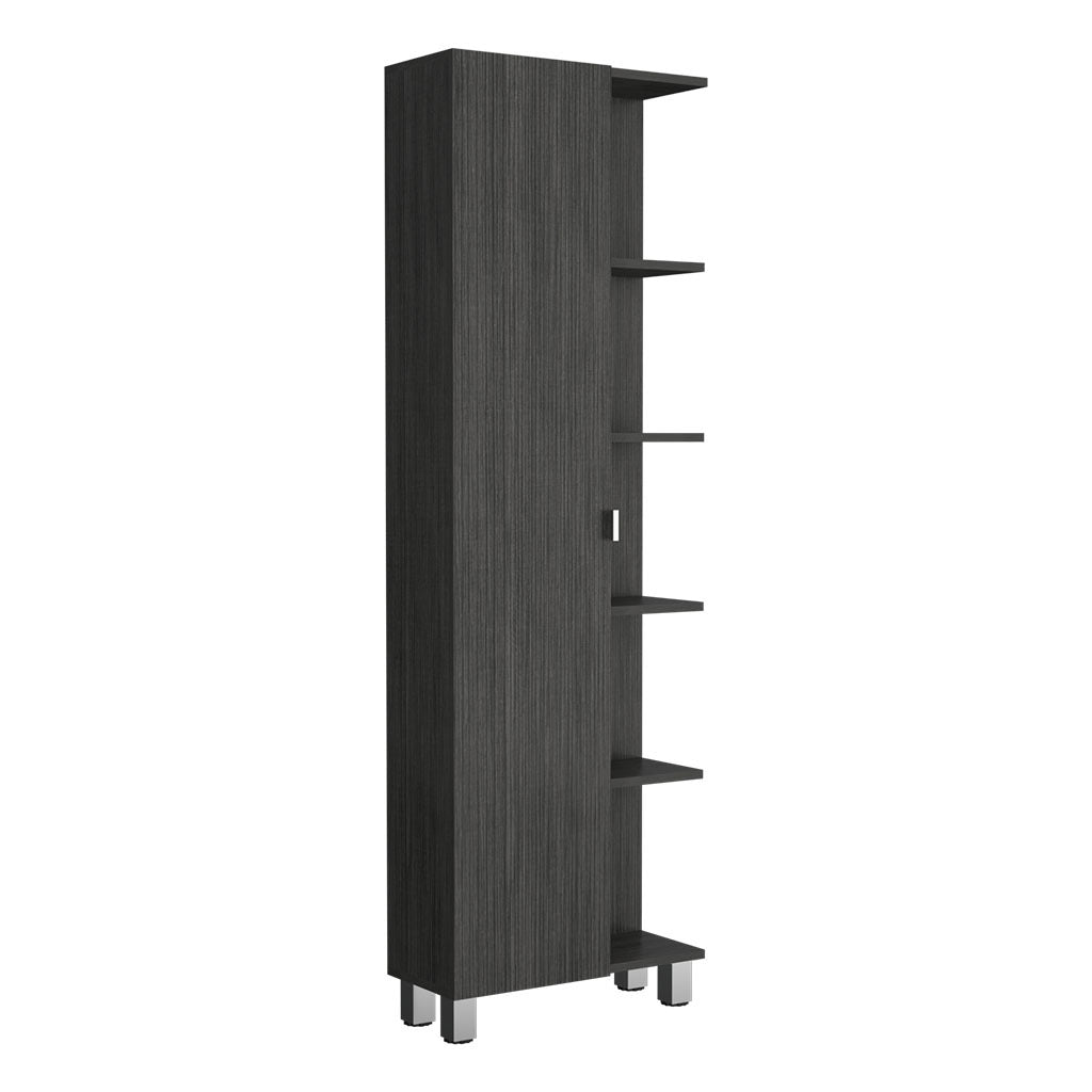 Linen Single Door Cabinet 62" H, Five External Shelves, Four Interior Shelves, Smokey Oak Gray Particle Board Particle Board