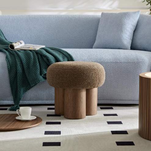 W8017 1 Mushroom Stool, Brown Lamb Wool Seat, Barrel Pvc Pipe With Walnut Veneer Brown Broadcloth Pleat