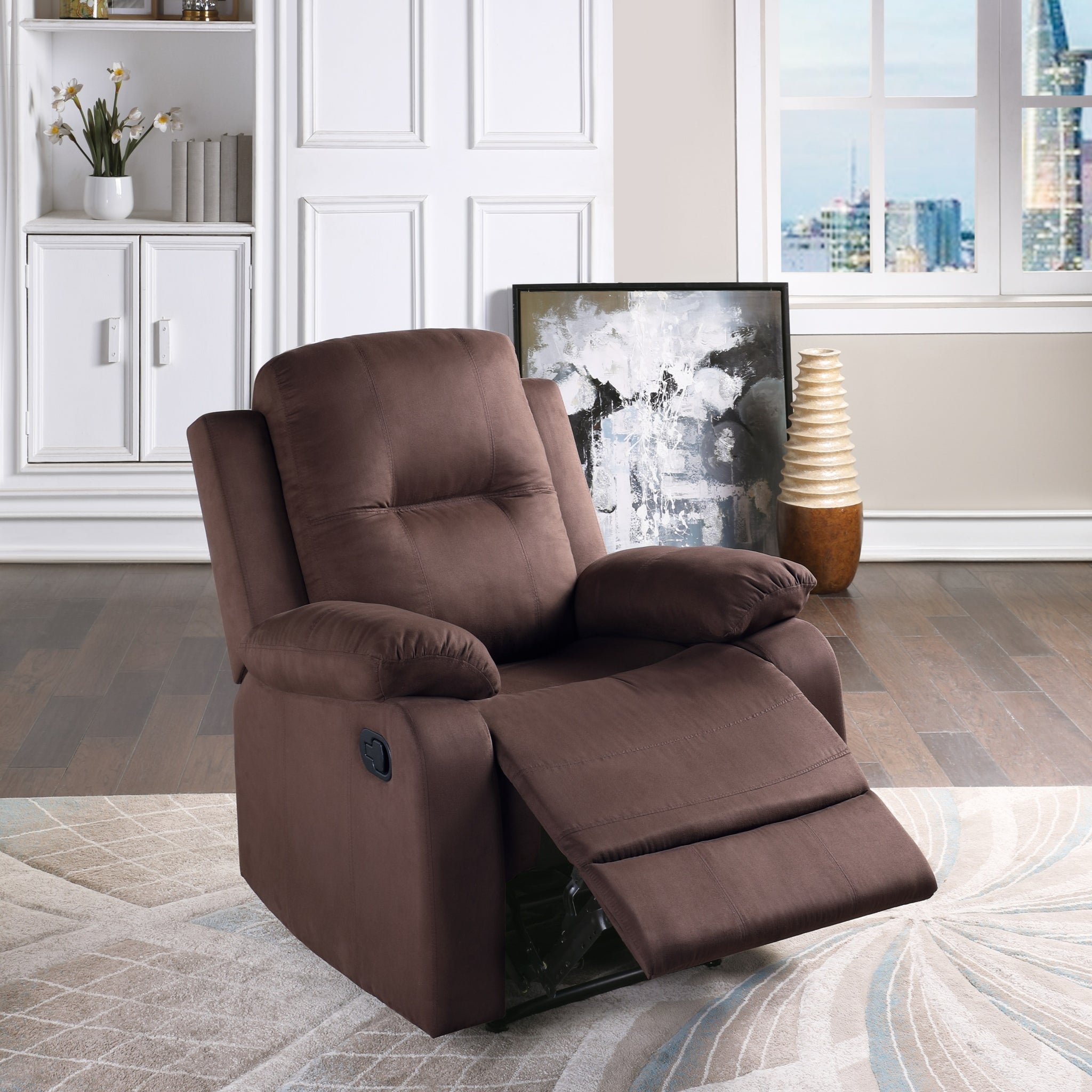 Elegant Modern Chocolate Color Microfiber Motion Recliner Chair 1Pc Couch Manual Motion Plush Armrest Tufted Back Living Room Furniture Chocolate Microfiber Manual Handle Metal Primary Living Space Cushion Back Contemporary,Modern,Transitional Handle